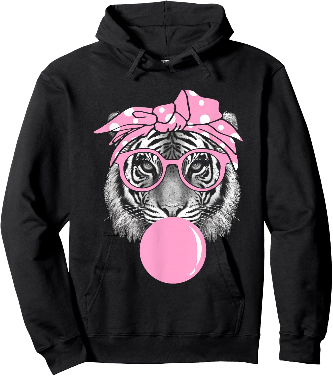 Funny Pink Tiger For Girl Glasses & Pink Bubble Gum Hoodie - Hoodie | Black