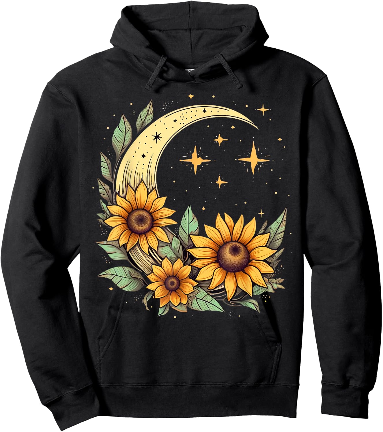 Floral Moon Sunflower on Celestial Sunflower Lunar Hoodie - Hoodie | Black