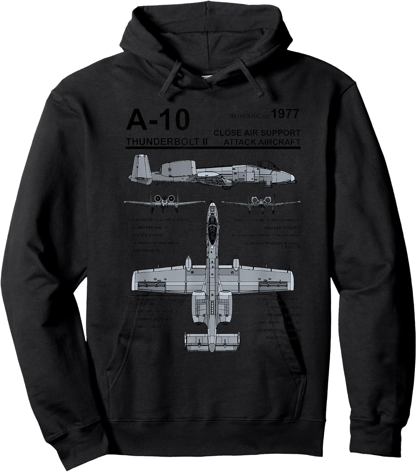 A-10 Thunderbolt II Warthog Military Jet Spec Diagram Hoodie - Hoodie | Black