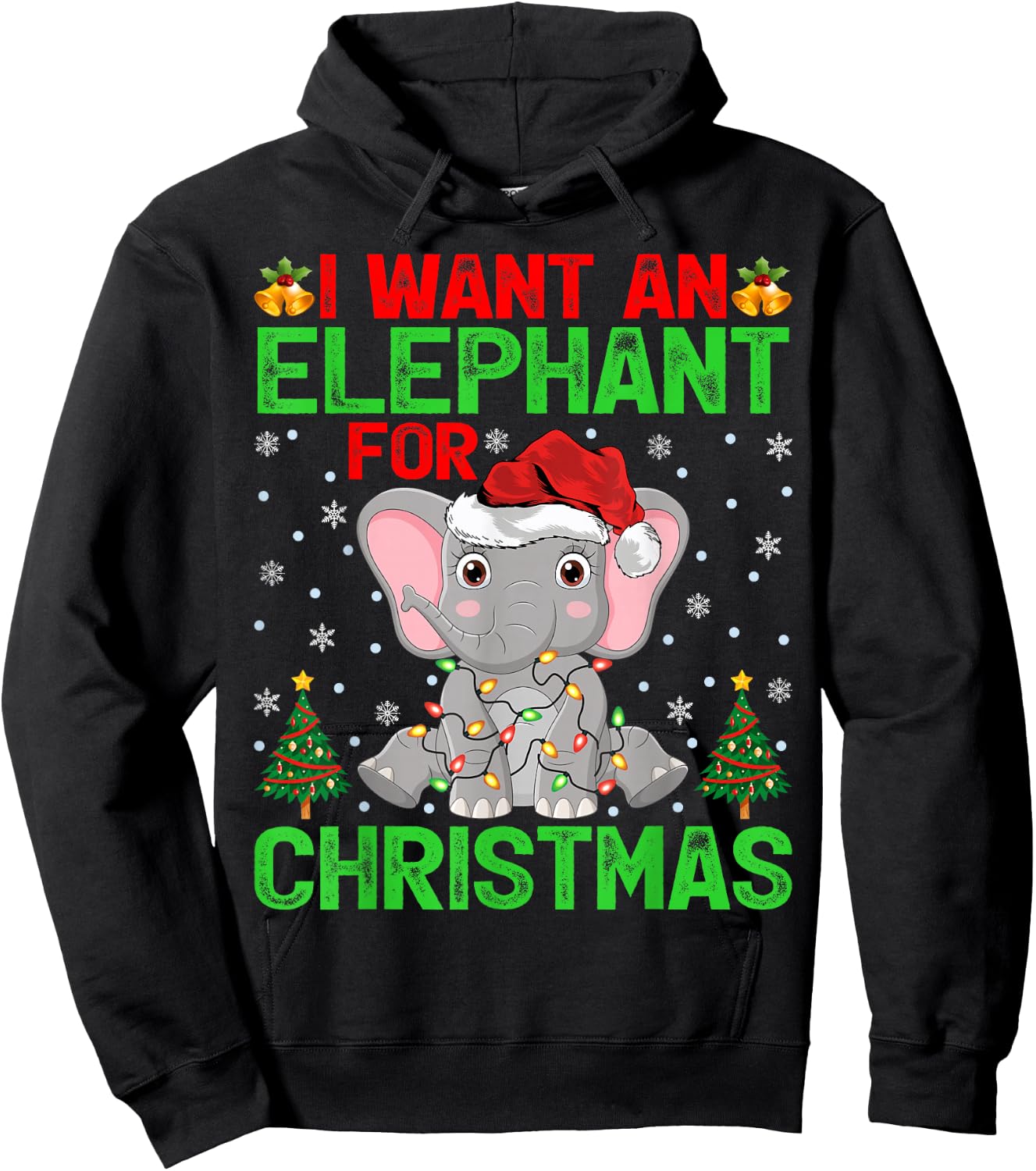 I Want An Elephant For Christmas Lights Santa Elephant Xmas Hoodie - Hoodie | Black
