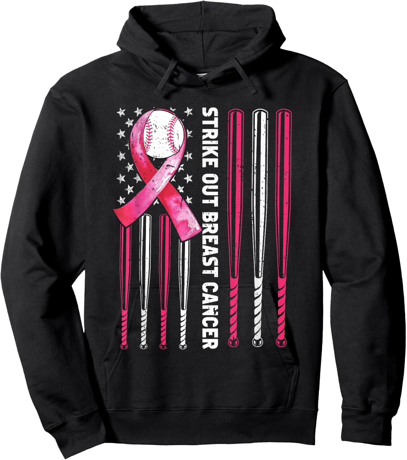 Strike Out Breast Cancer Baseball Lover Pink American Flag Hoodie - Hoodie | Black