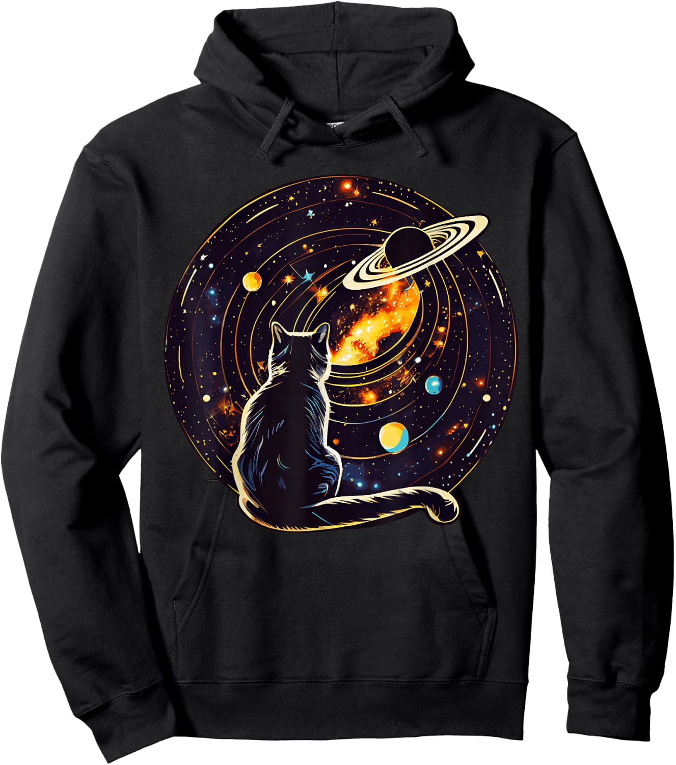 Cat Dad, Lover : Cat Staring at Planet Saturn Hoodie - Hoodie | Black