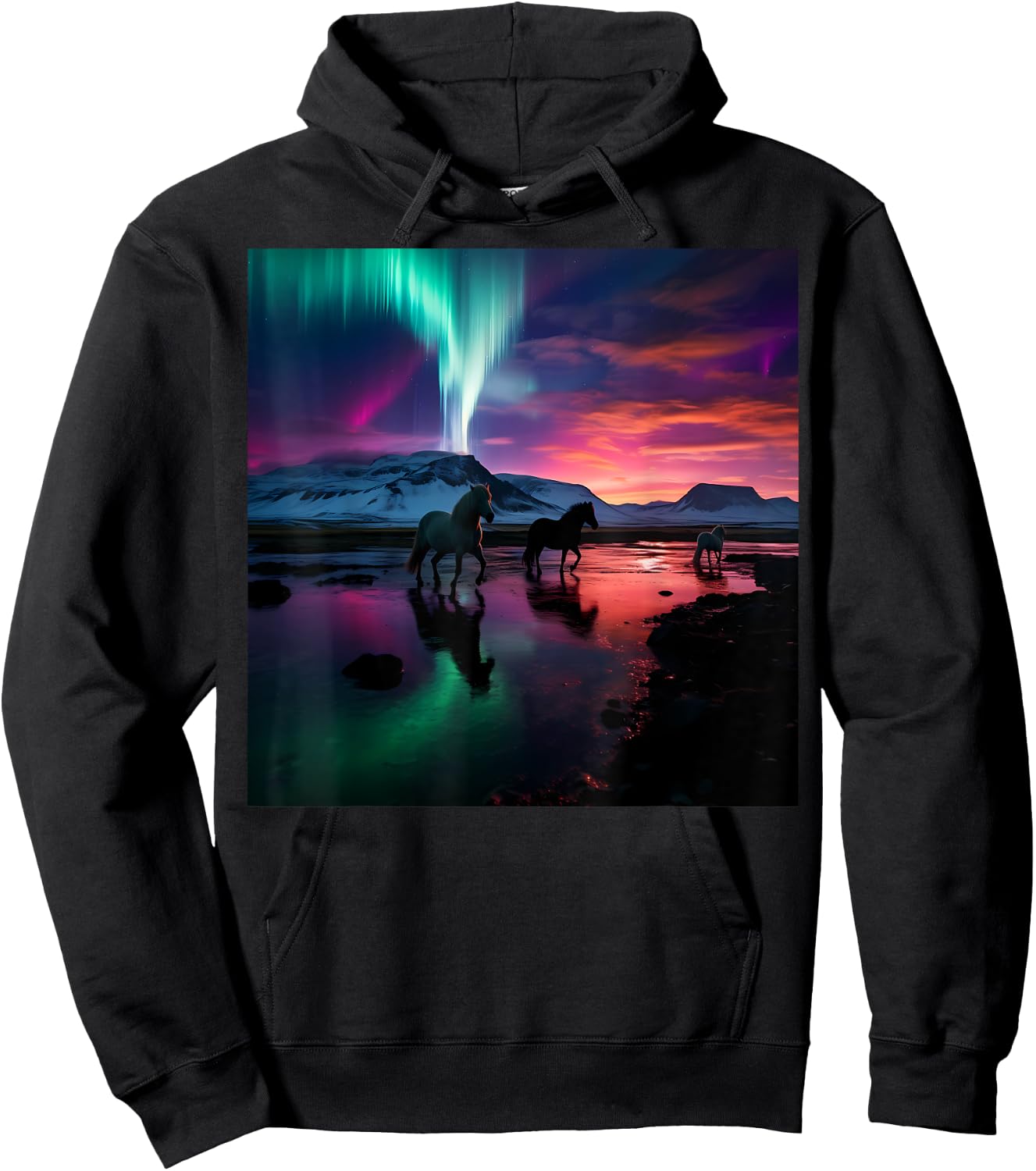 Iceland Northern Lights Aurora Borealis Horse Graphic Design Hoodie - Hoodie | Black