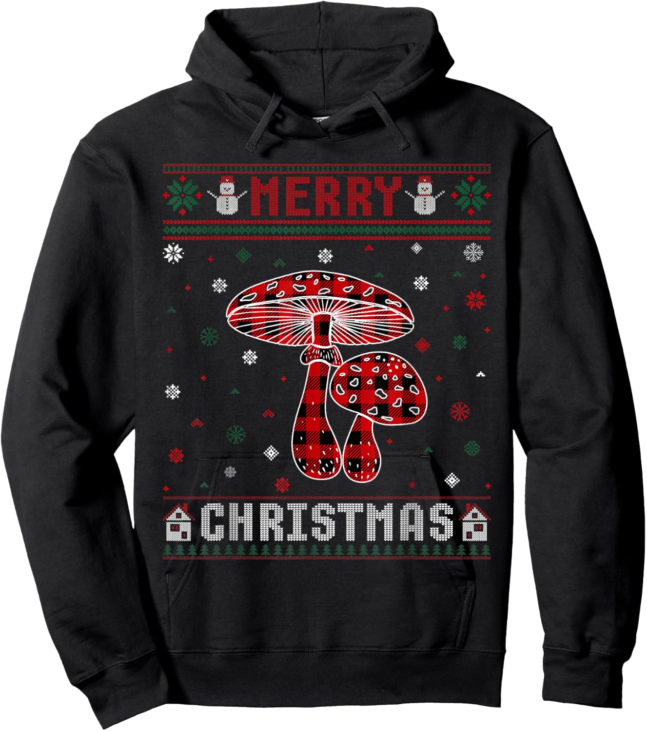 Ugly Christmas Sweater Mushroom Buffalo Plaid Red Xmas Hoodie - Hoodie | Black