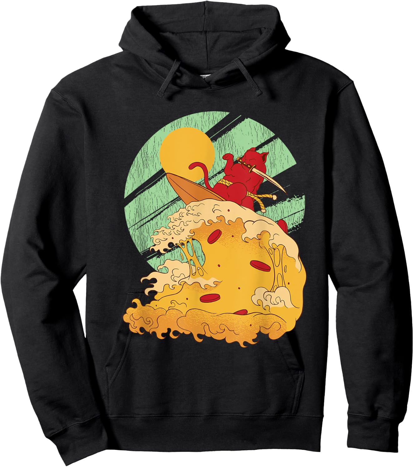 Surfing Japan Samurai Cat Vintage Surf Board Hoodie - Hoodie | Black