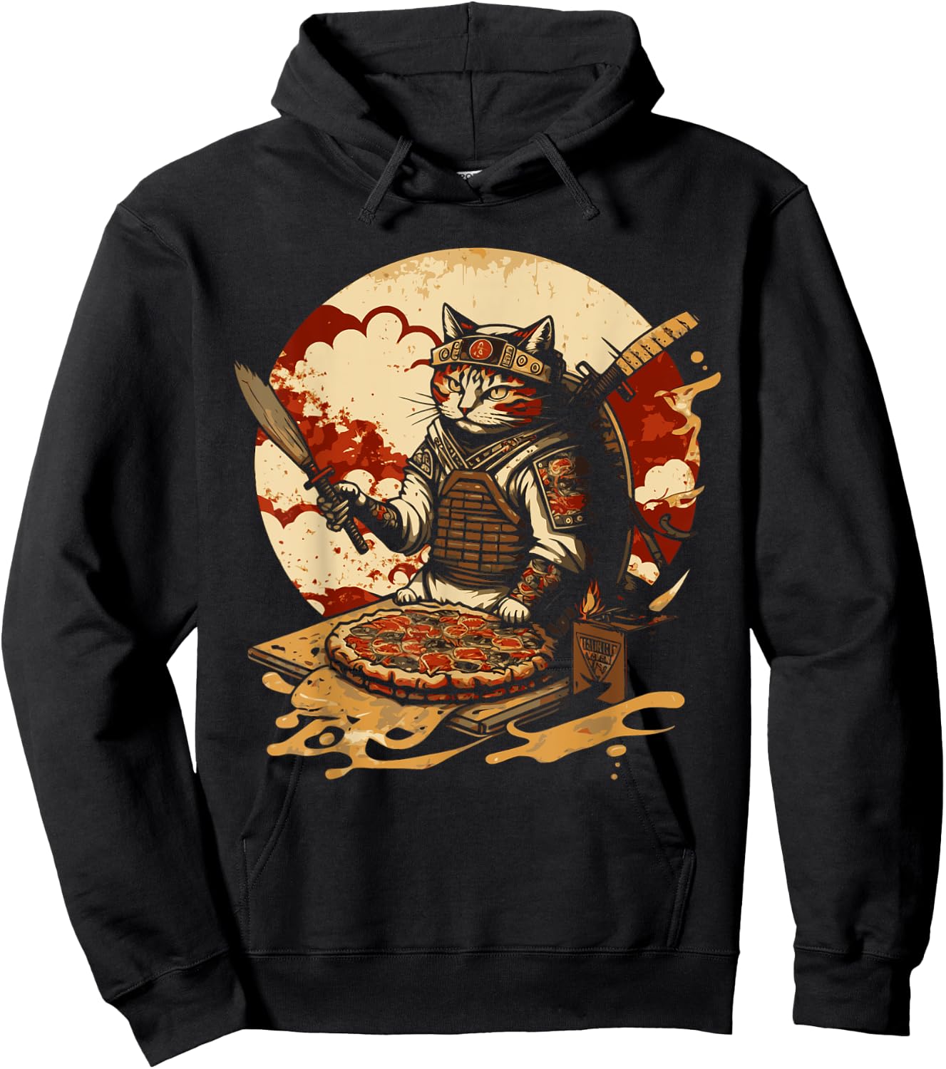 Japanese Sunset Samurai Cat Eat Pizza Anime Ninja Kitten Women Hoodie - Hoodie | Black