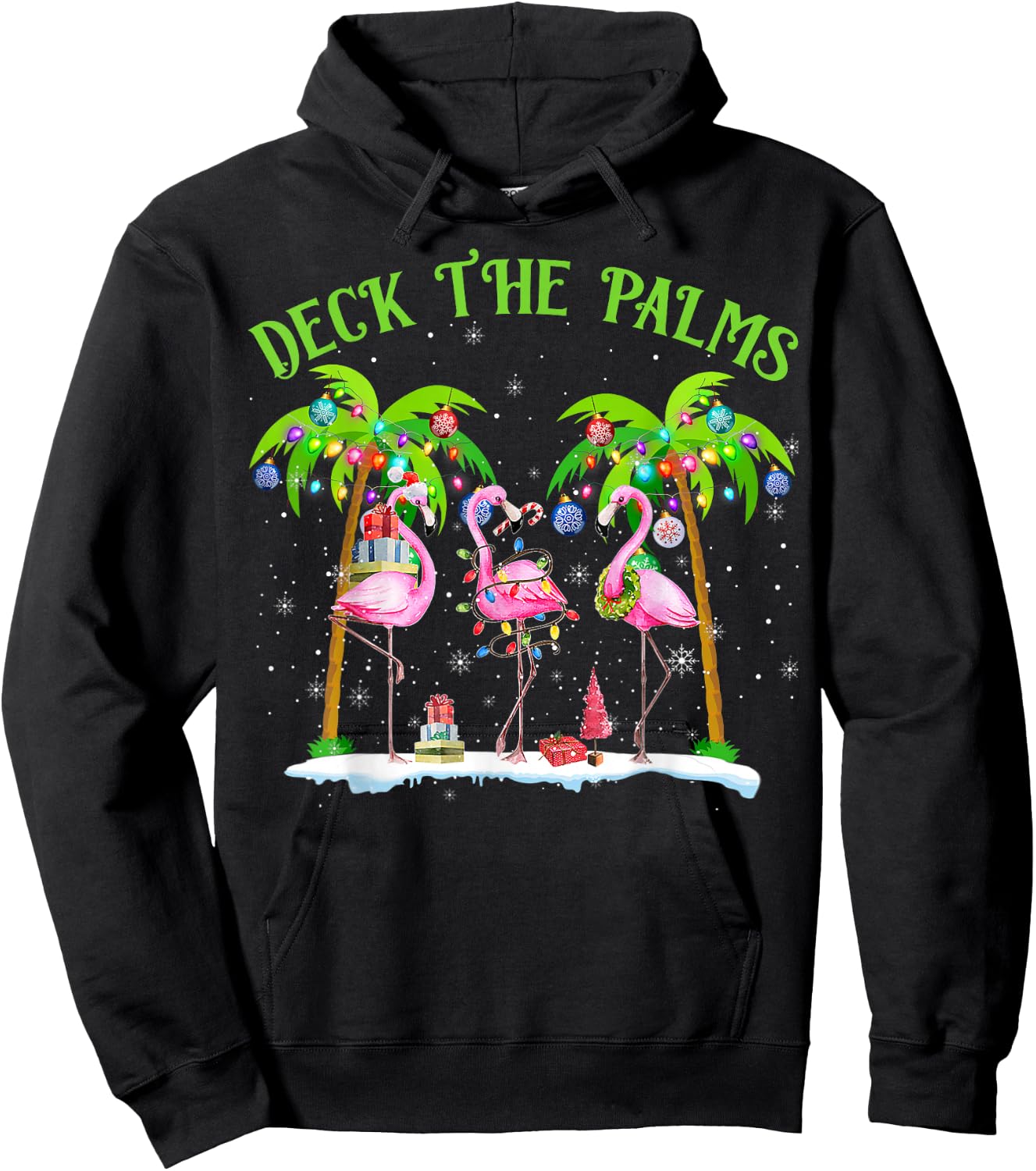 Deck The Palms Flamingo Tropical Christmas Lights Palm Tree Hoodie - Hoodie | Black