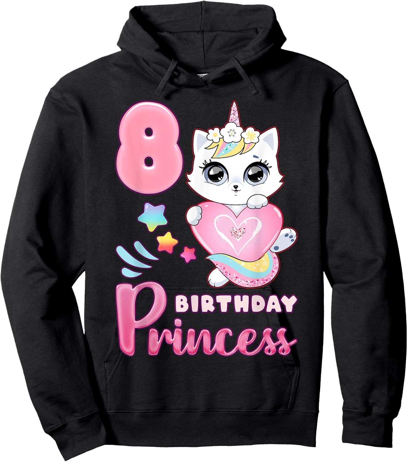 Girl, 8th birthday, unicorn cat, number 8 Hoodie - Hoodie | Black