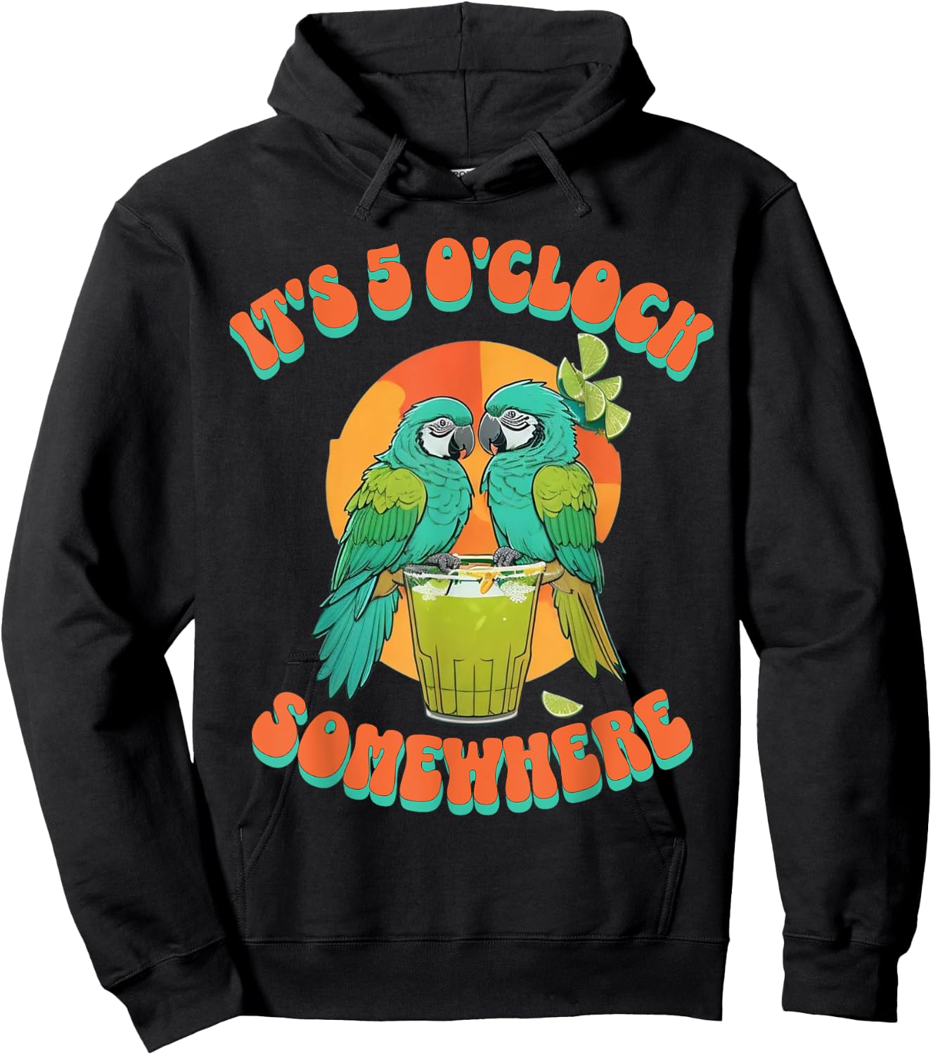 Vintage It's 5 O'clock Somewhere Parrots Drinking Cocktail Hoodie - Hoodie | Black