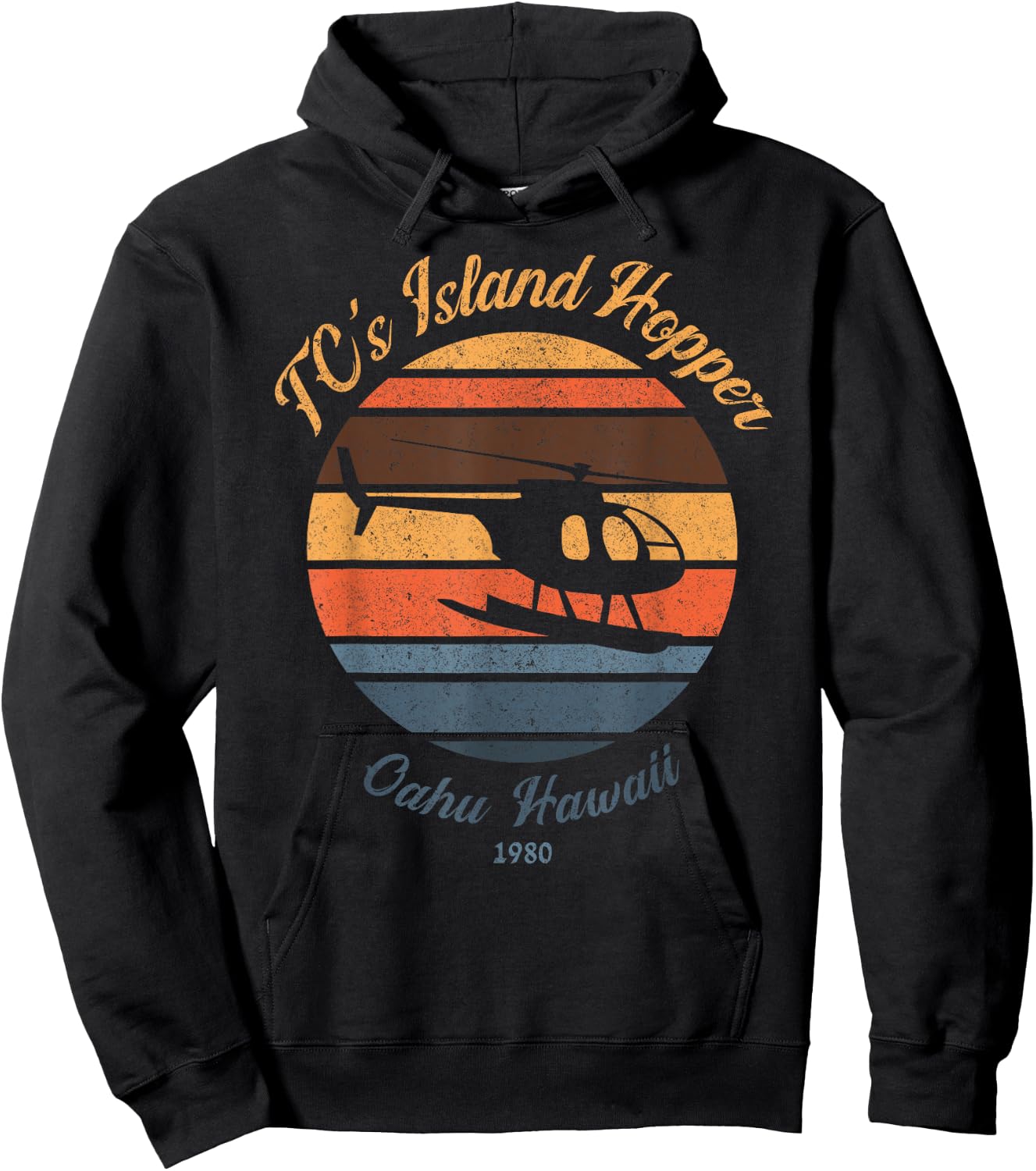 TC's Island hoppers Helicopter vintage sunset 80's worn Hoodie - Hoodie | Black