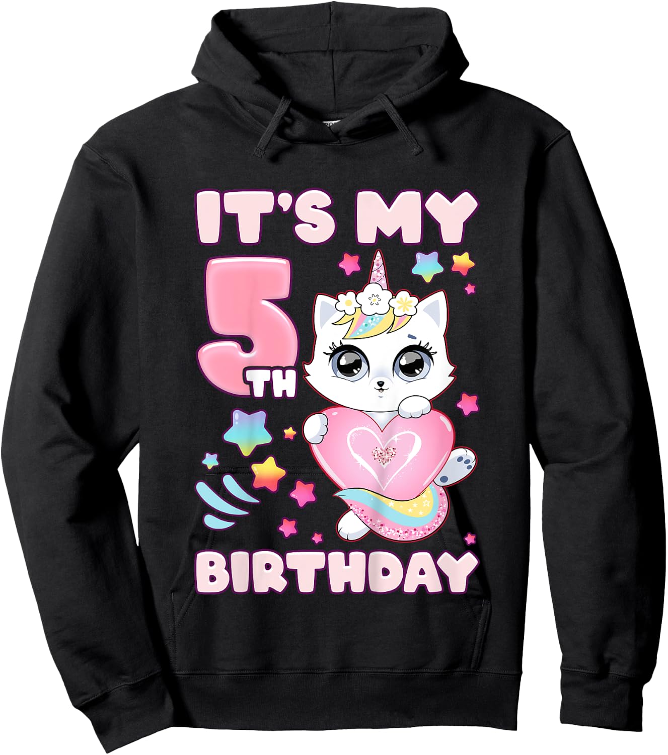 Birthday girl 5 years old, cat, unicorn, 5th birthday Hoodie - Hoodie | Black