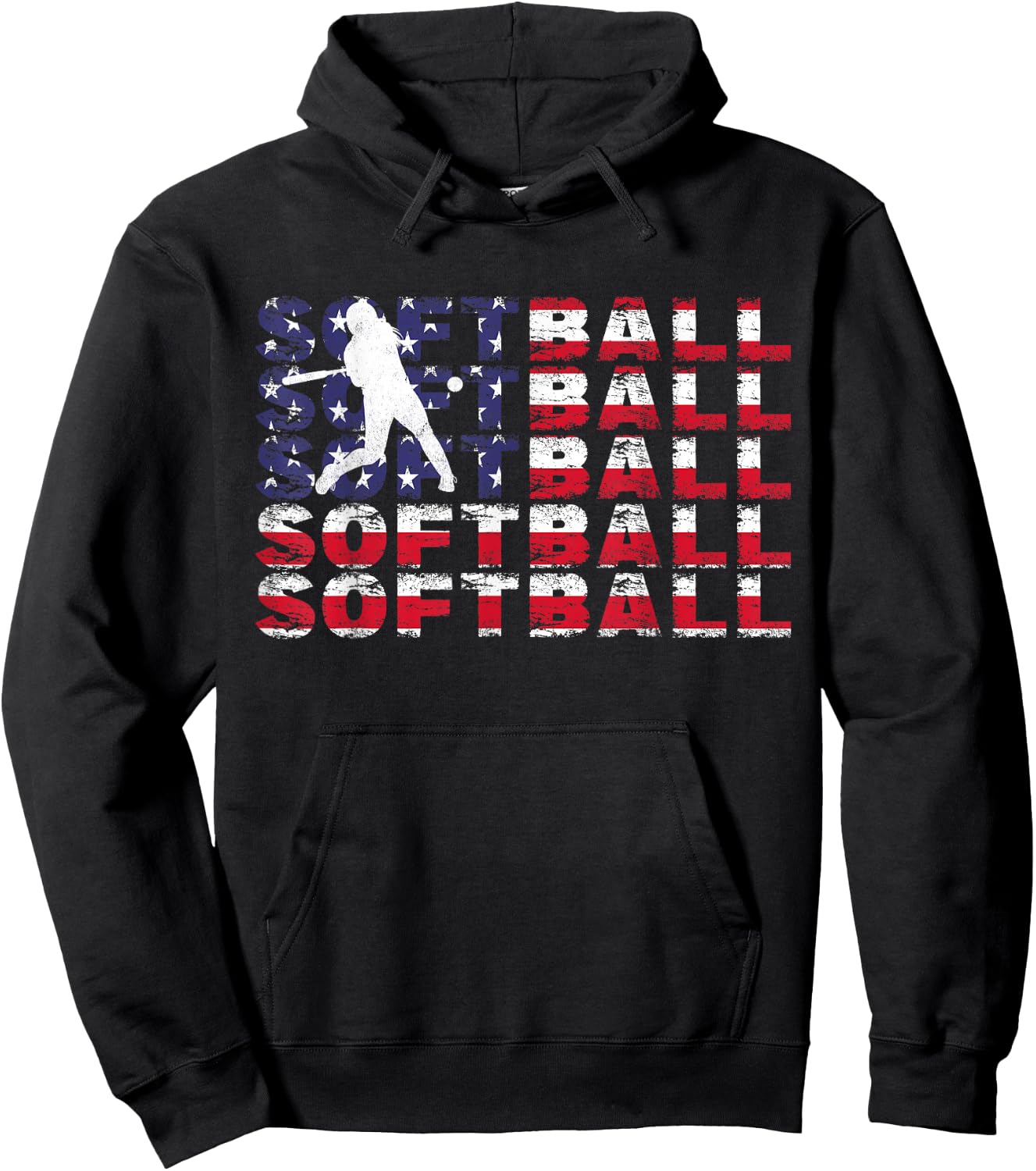 4th of July Softball American Flag Vintage Patriotic Hoodie - Hoodie | Black