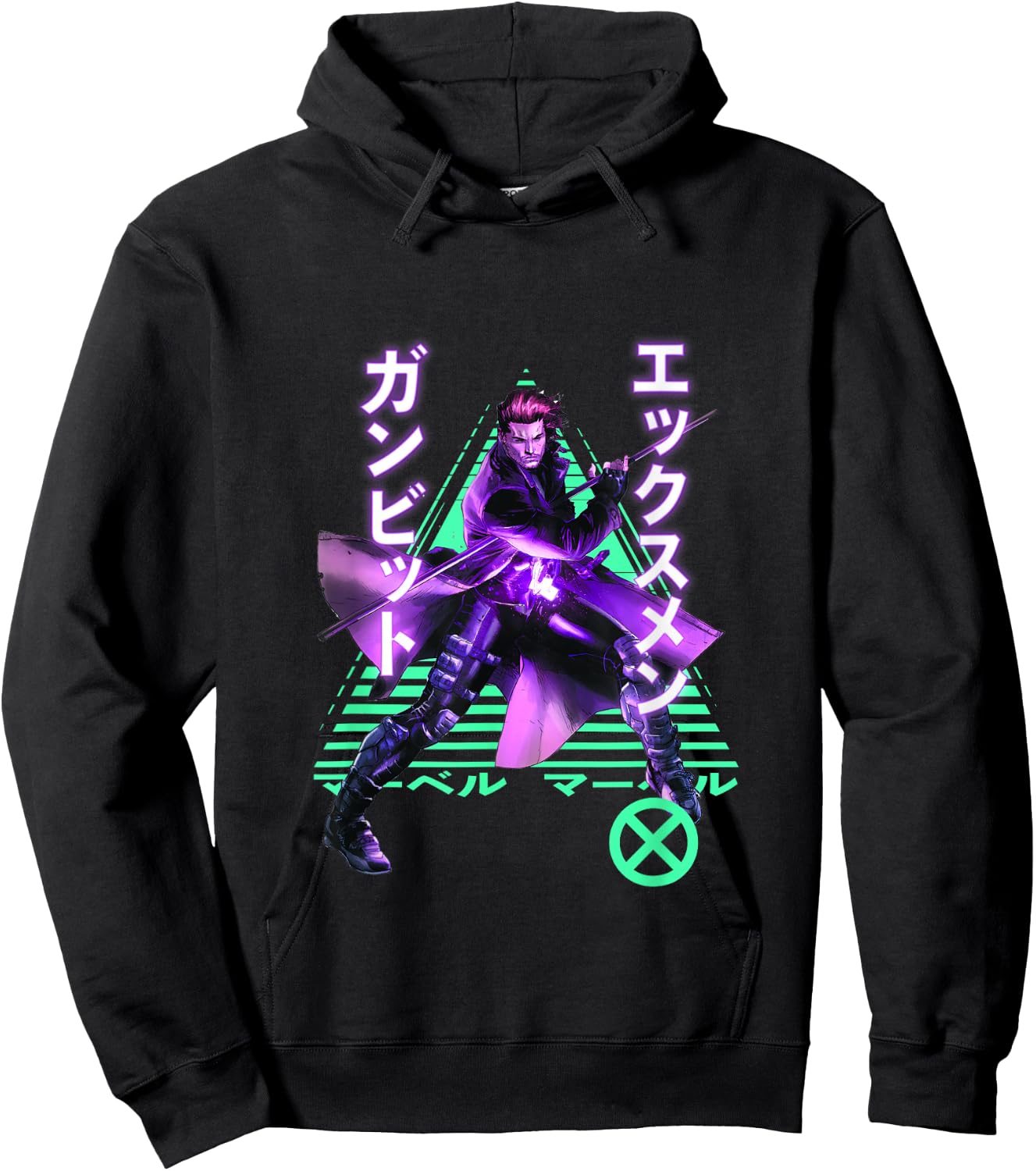 Marvel X-Men Anime Style Gambit Neon Kanji Portrait Hoodie - Hoodie | Black