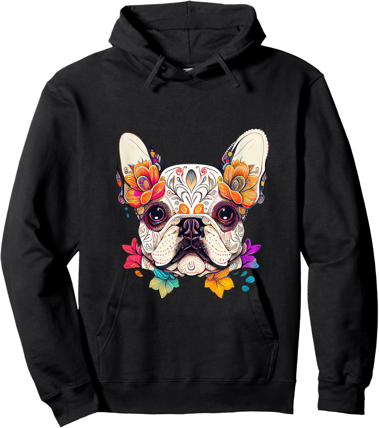 Sugar Skull Dog Colorful French Bulldog Lover Floral Flowers Hoodie - Hoodie | Black