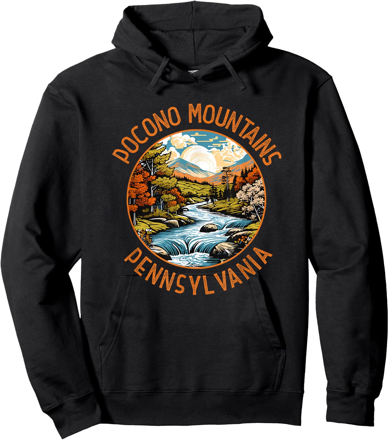 Pocono Mountains Pennsylvania Sunset Retro Distressed Circle Hoodie - Hoodie | Black