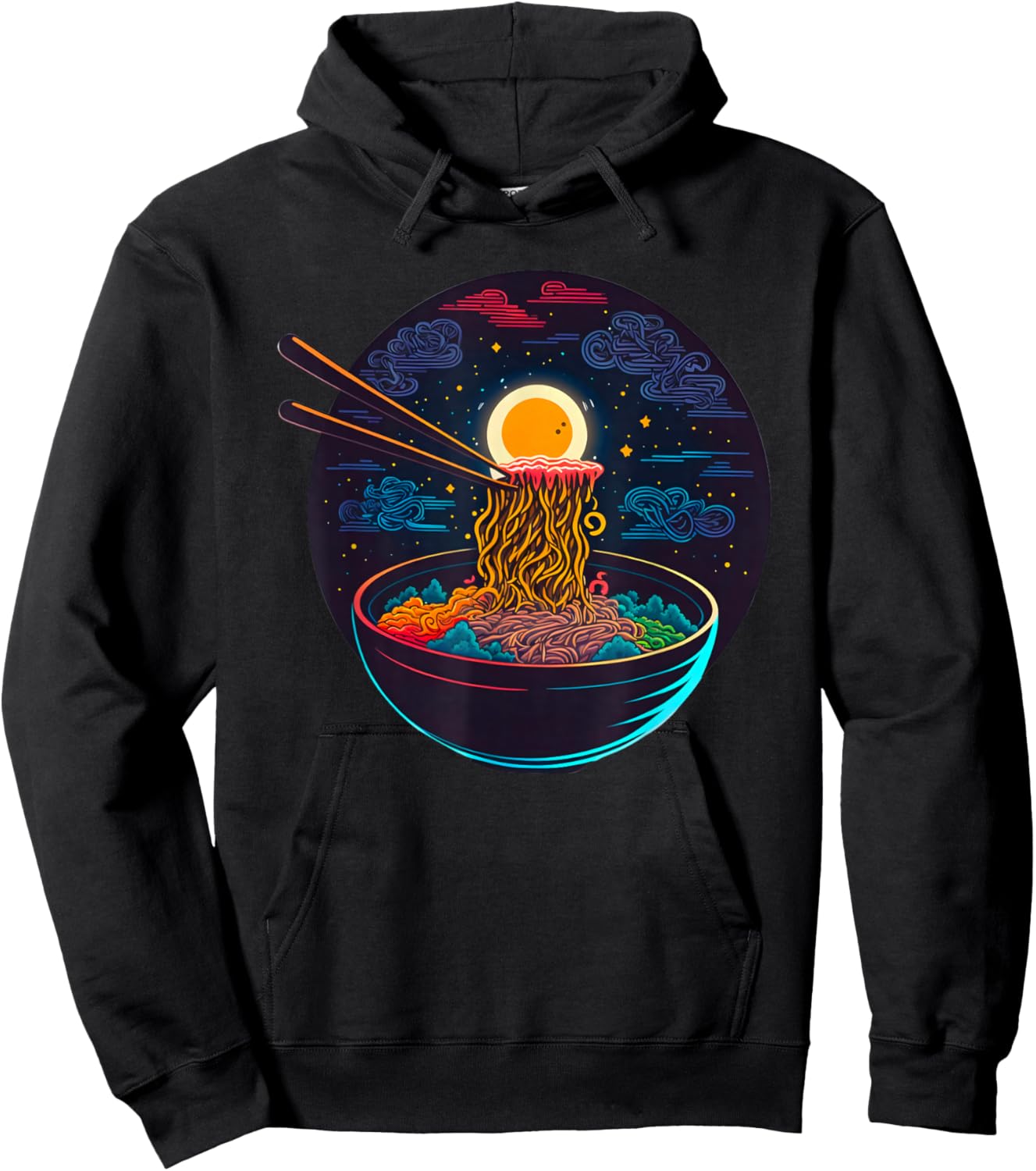 Japanese Moon Ramen Graphic Neon Retro Anime Noodles Art Hoodie - Hoodie | Black