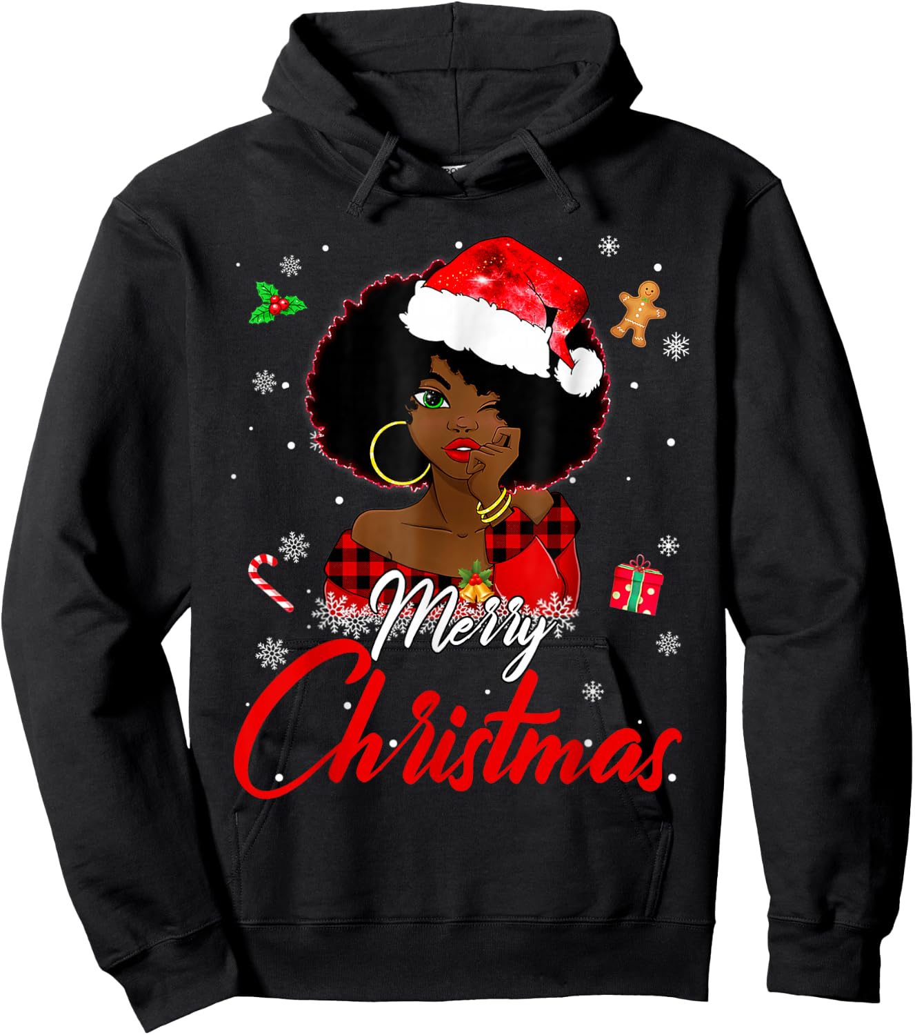 Black African Girl American Melanin Christmas Santa Hat Xmas Hoodie - Hoodie | Black