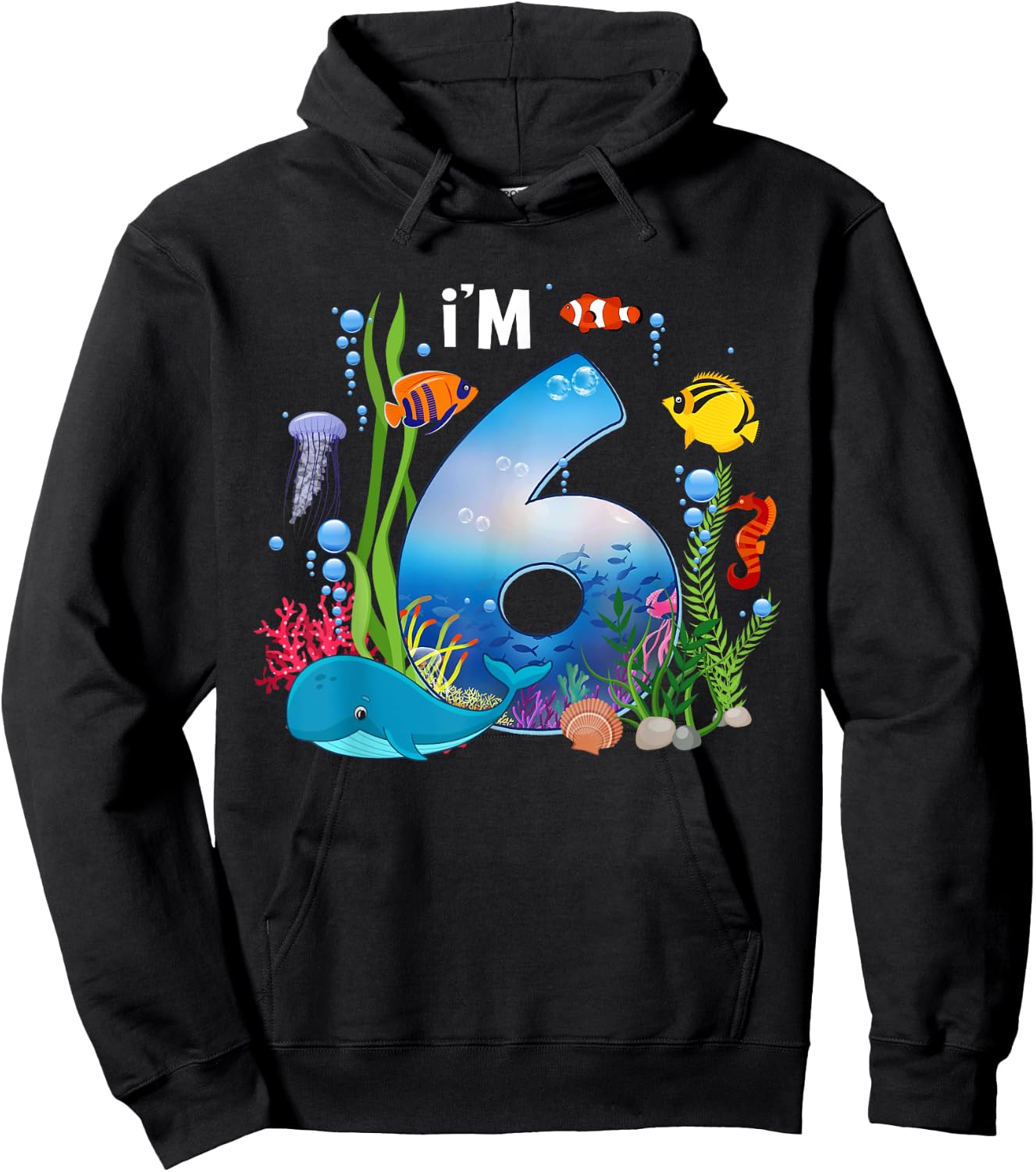 Kids 6 Year Old Ocean Life Whale Dolphin Shark 6th Birthday Hoodie - Hoodie | Black