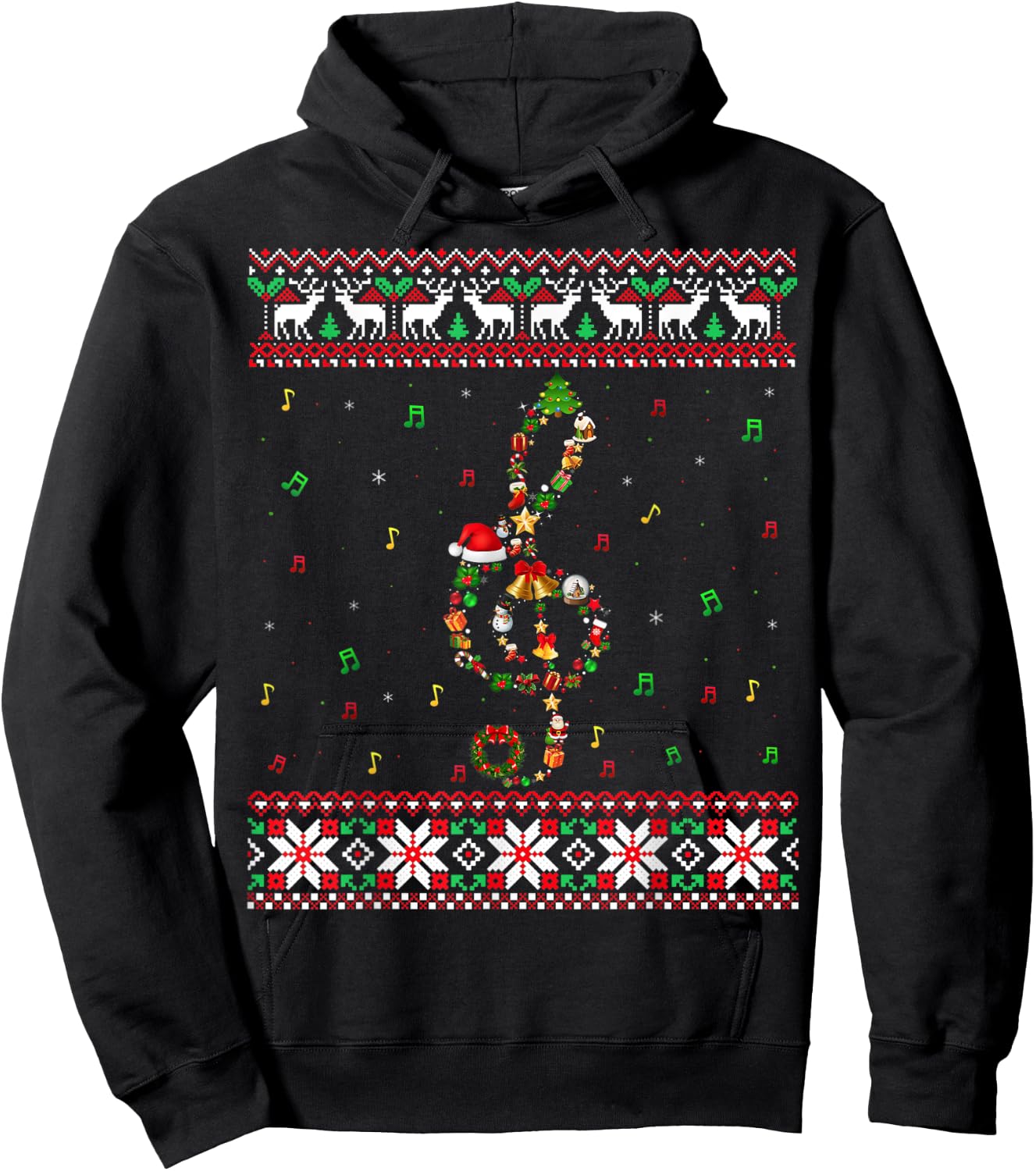 Music Note Christmas Ugly Sweater Musical Teacher Sing Women Kids Hoodie - Hoodie | Black