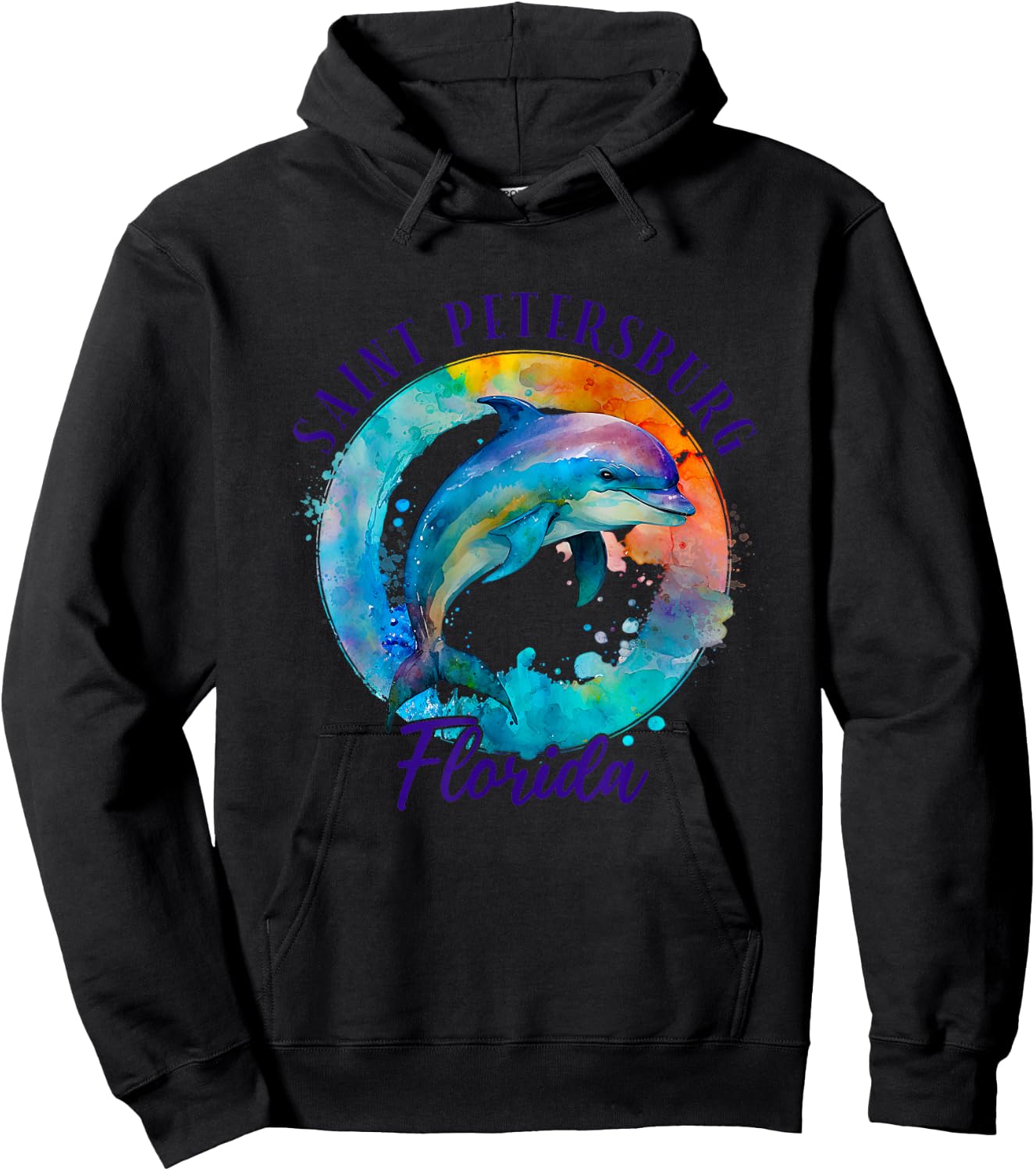 Saint Petersburg Florida Happy Watercolor Dolphin Hoodie - Hoodie | Black
