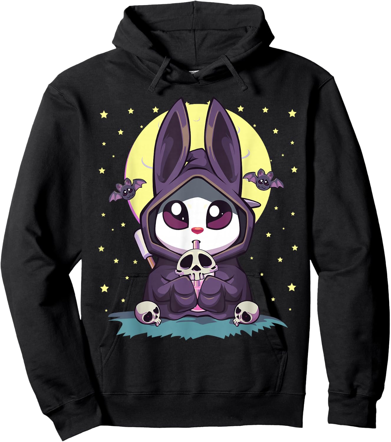 Pastel Goth Kawaii Anime Moon Bunny Reaper With Boba Tea Hoodie - Hoodie | Black