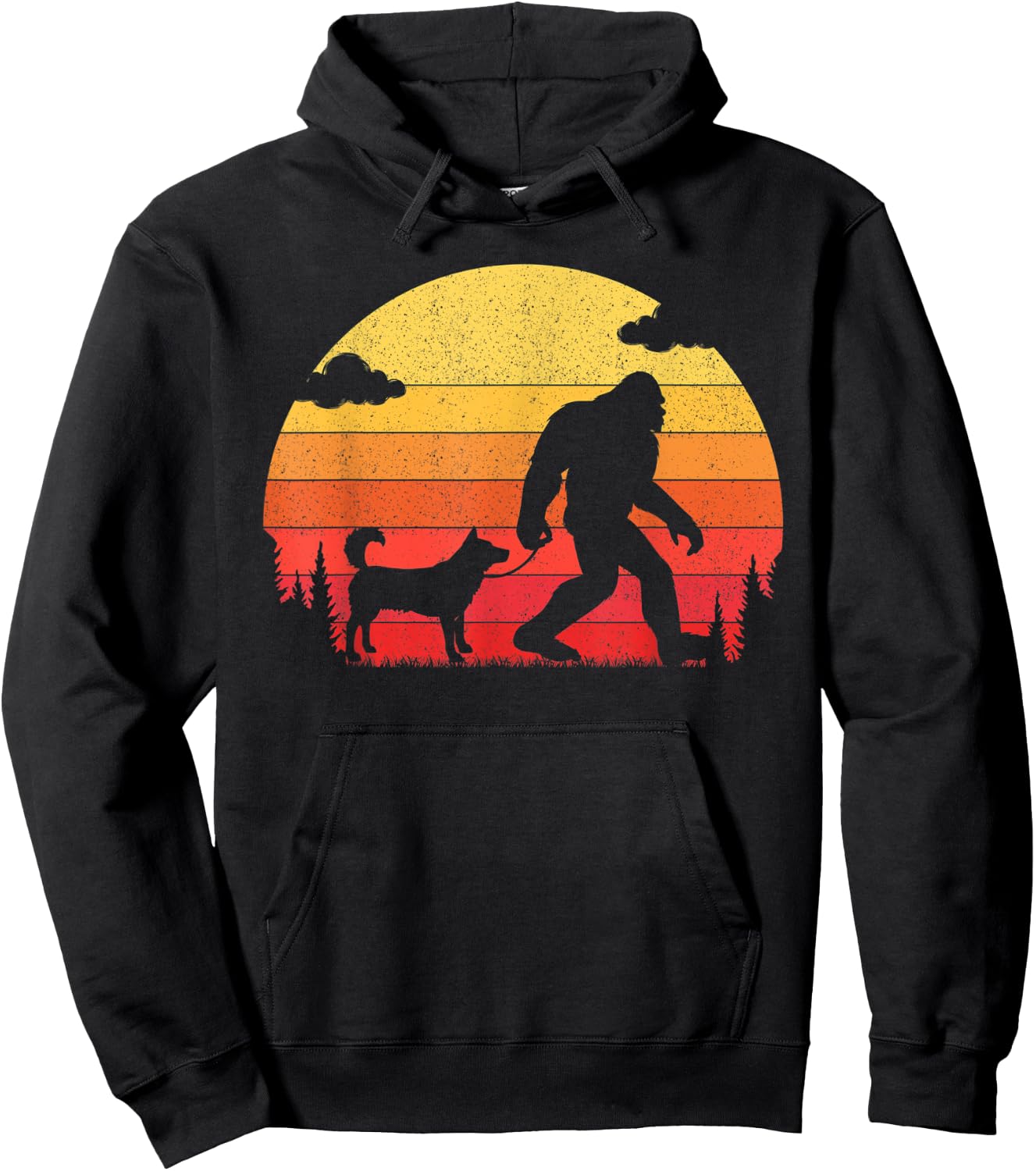 Retro Bigfoot Silhouette Walking Siberian Husky Dog Women Kids Hoodie - Hoodie | Black