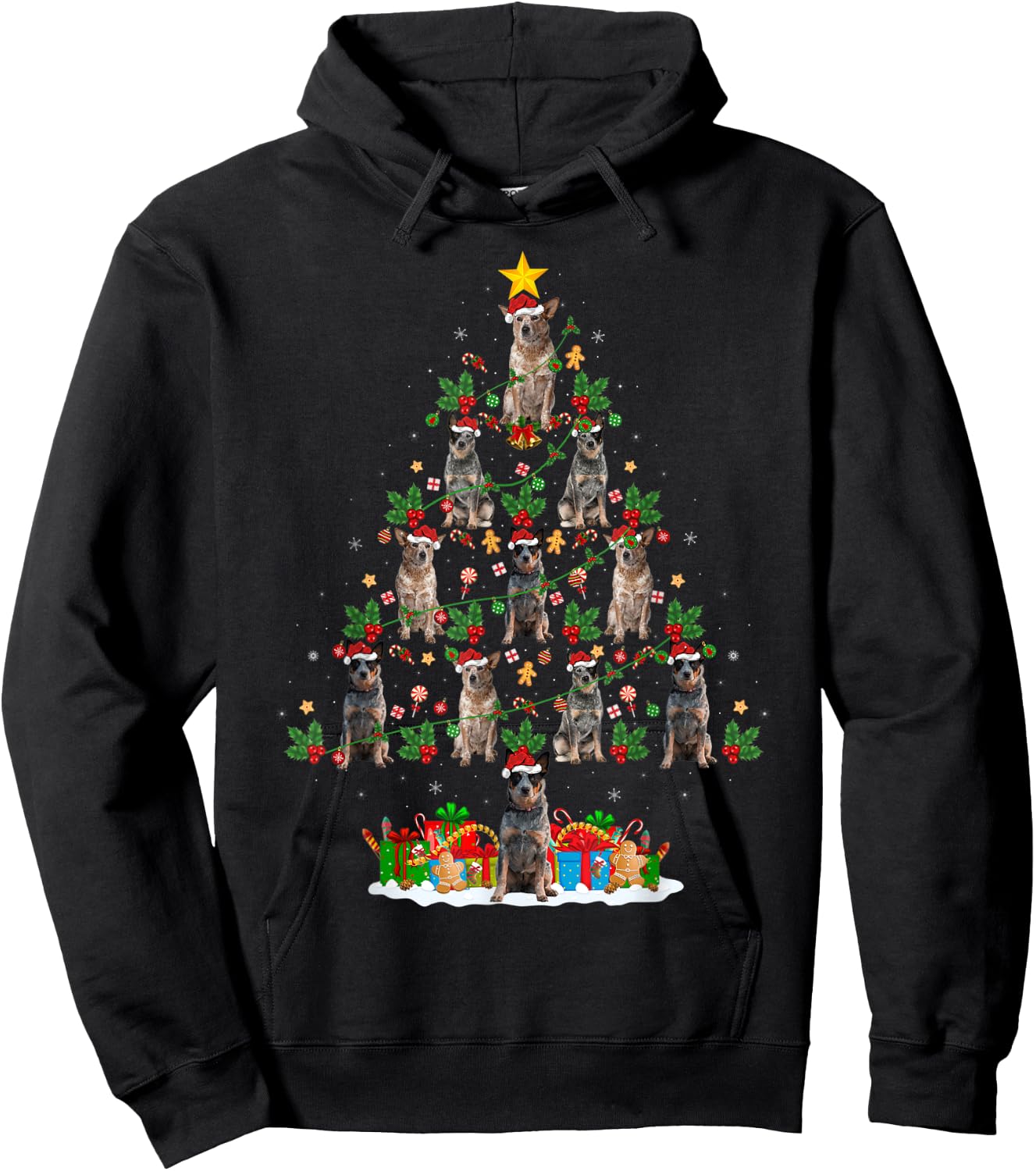Xmas Lights Santa Australian Cattle Dog Christmas Tree Hoodie - Hoodie | Black