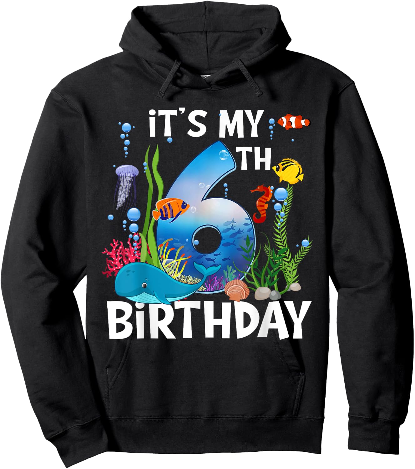 Kids 6 Year Old Ocean Life Whale Dolphin Shark 6th Birthday Hoodie - Hoodie | Black