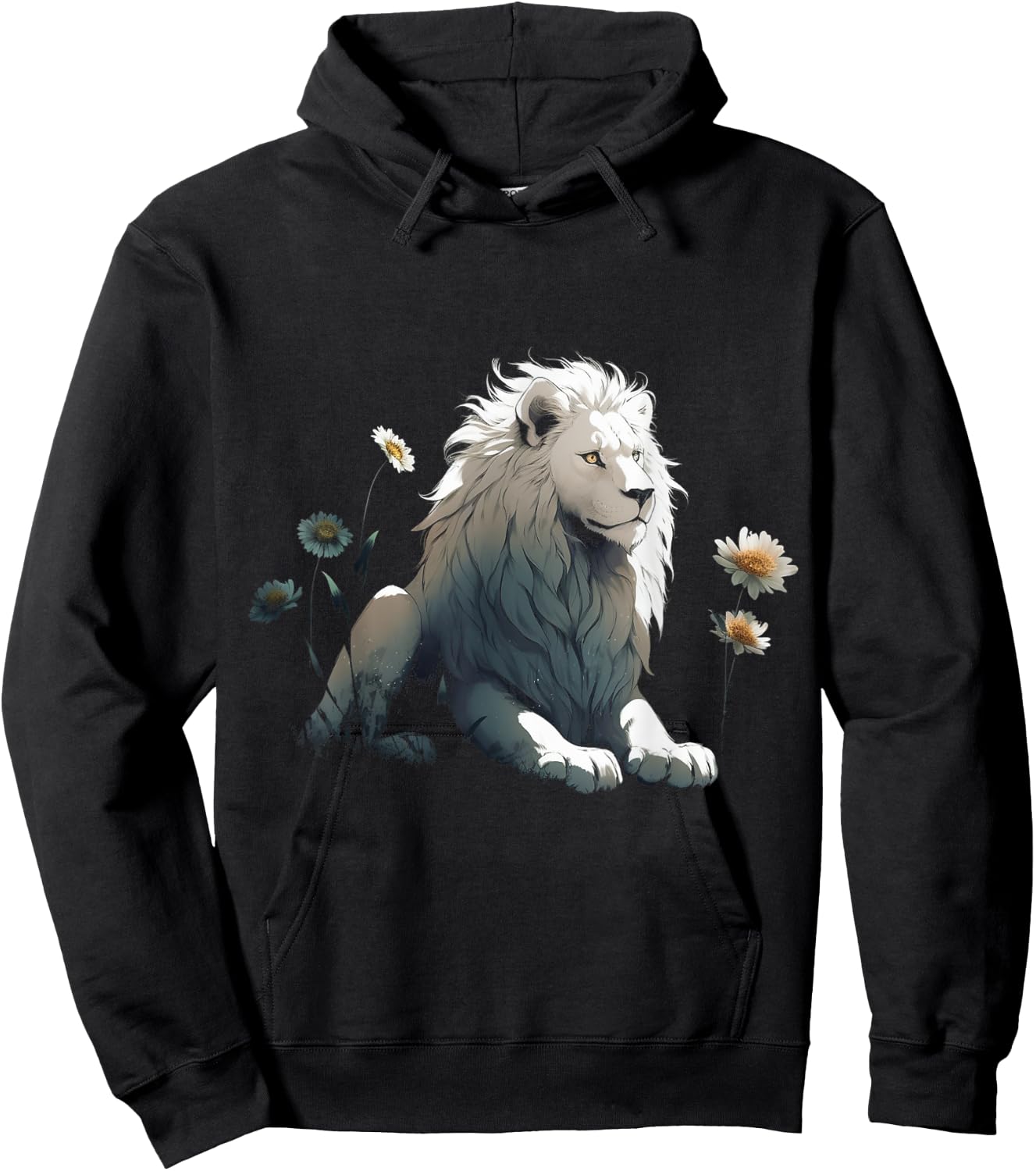 White Lion Flower Art - Animal Motif Zoo Lion Hoodie - Hoodie | Black