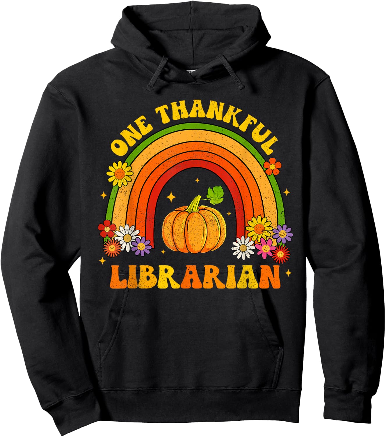 Retro One Thankful Librarian Groovy Rainbow Thanksgiving Hoodie - Hoodie | Black