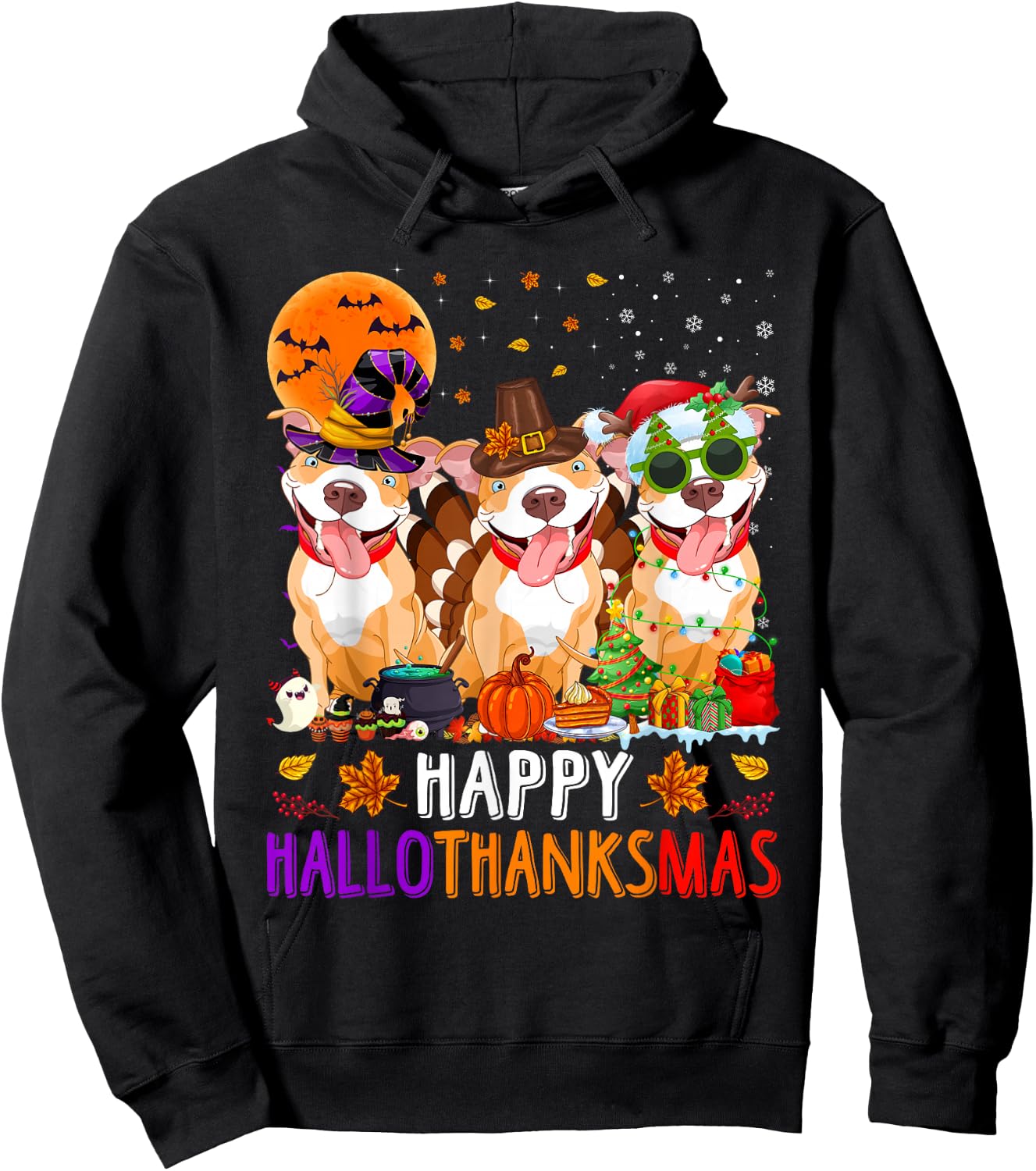 Happy Hallothanksmas Pitbull Dog Halloween Christmas Hoodie - Hoodie | Black