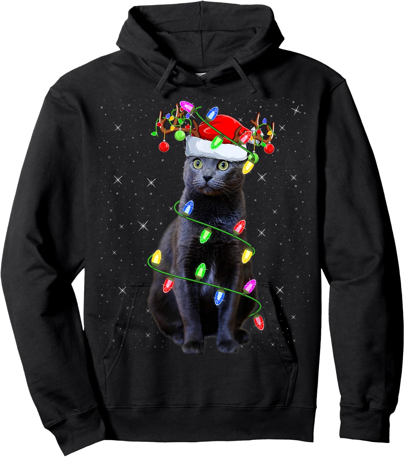 Cat Lover Xmas Lighting Santa Russian Blue Cat Christmas Women Kids Hoodie - Hoodie | Black