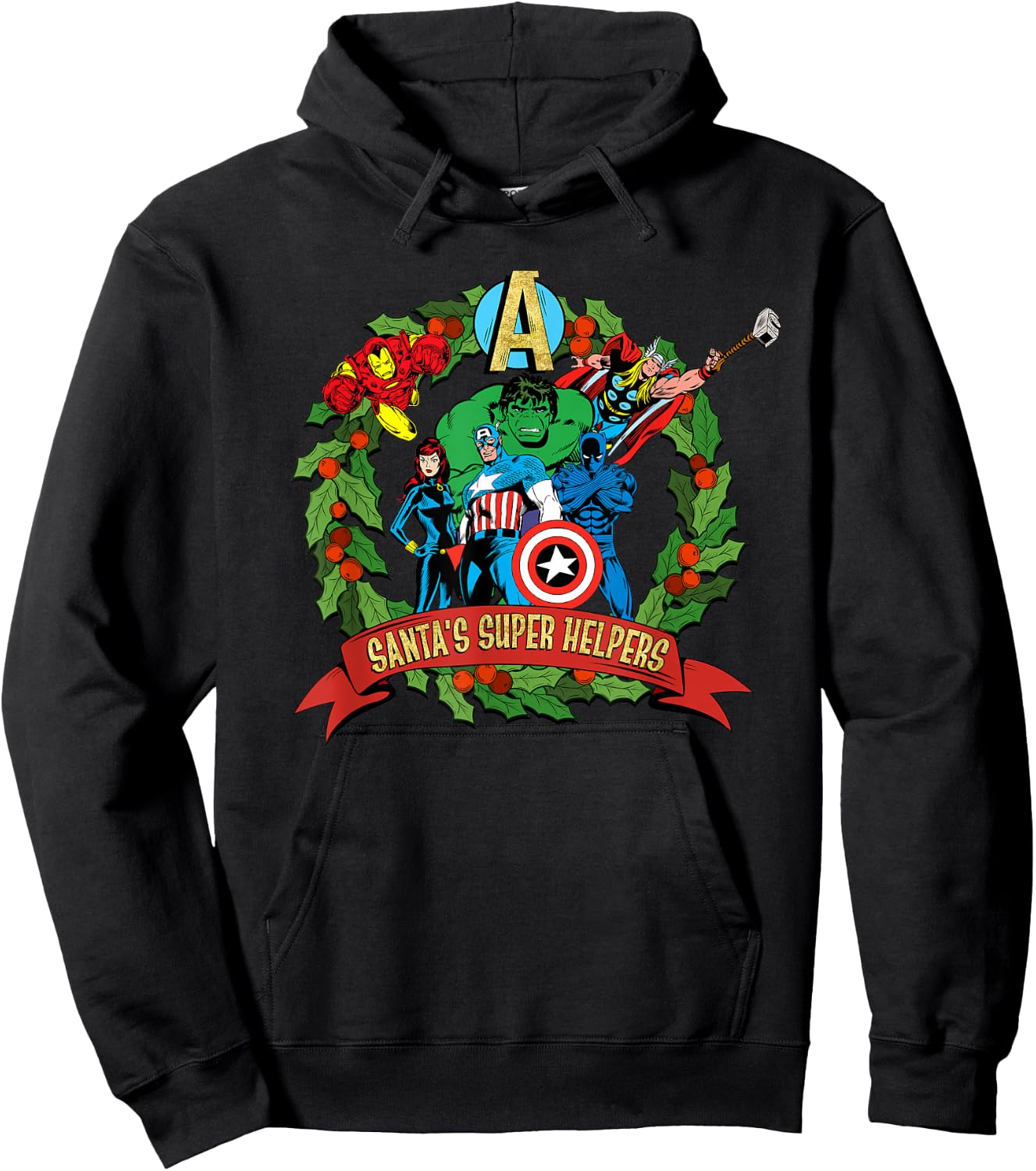 Marvel Avengers Santa’s Super Helpers Wreath Retro Holiday Hoodie - Hoodie | Black