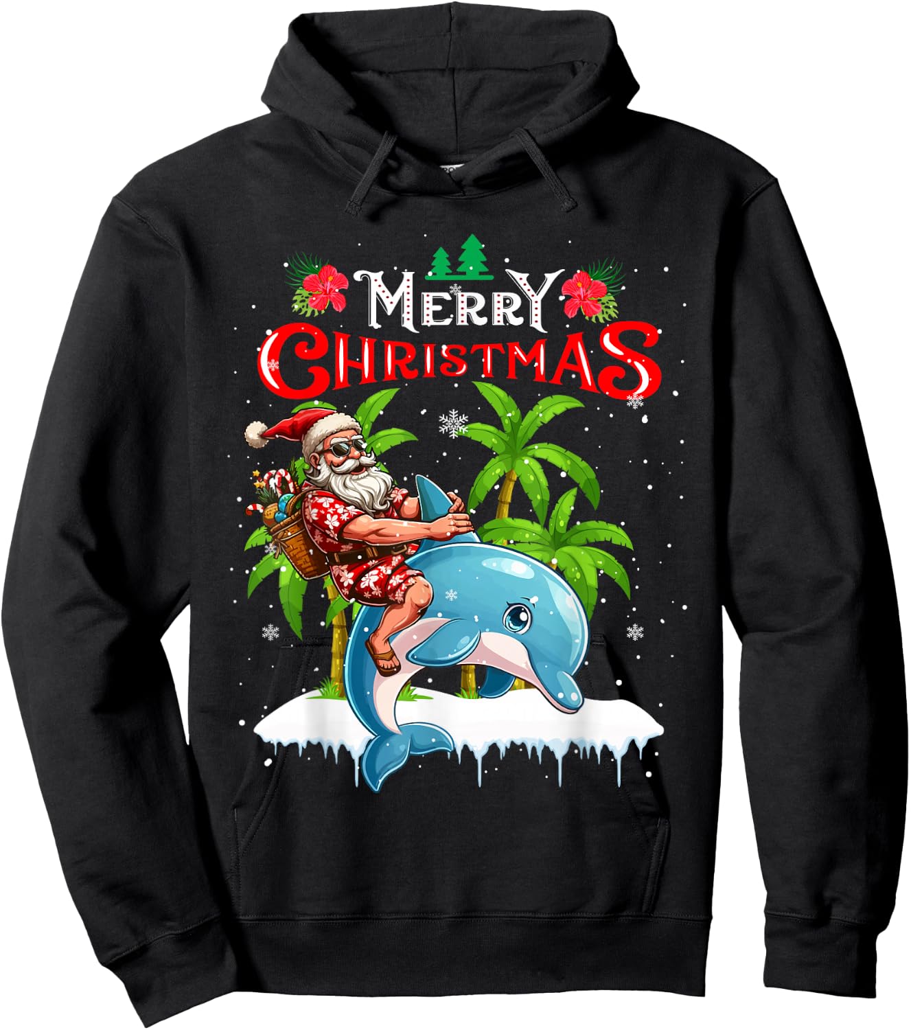 Merry Christmas Hawaiian Santa Sunglasses Riding Dolphin Hoodie - Hoodie | Black