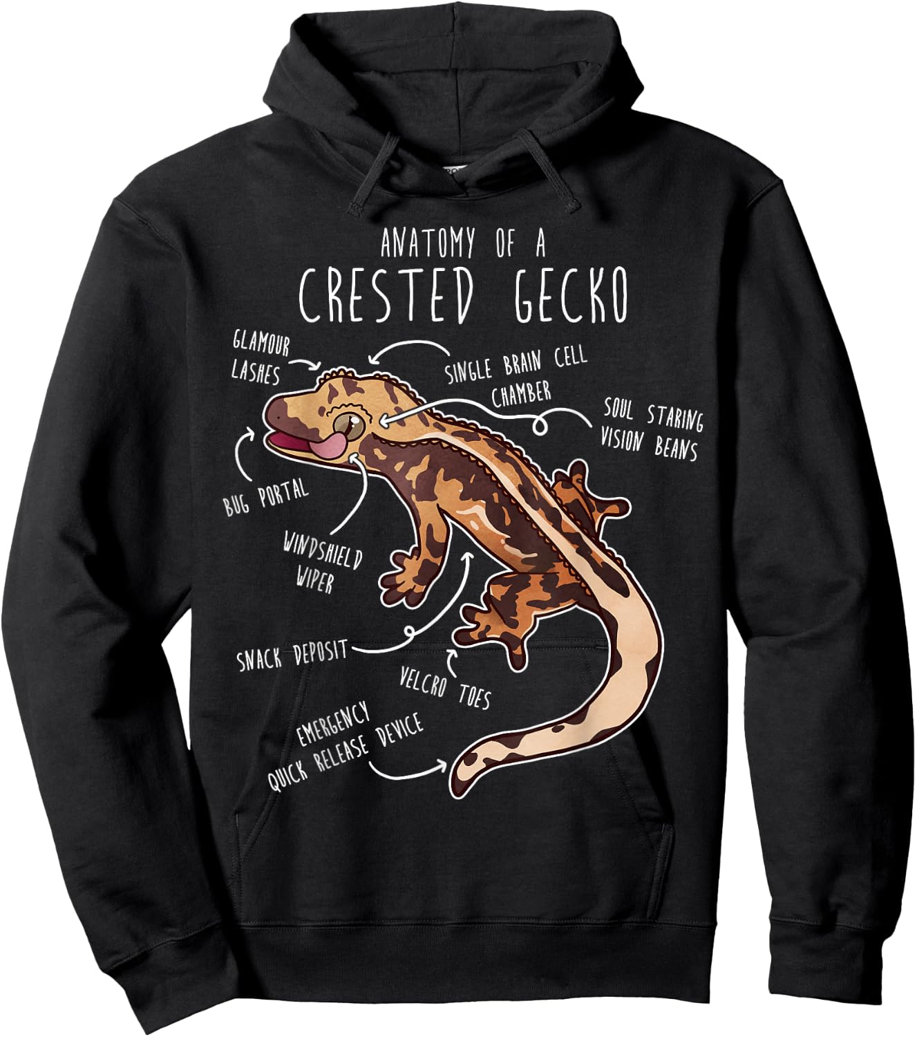 Crested Gecko Lizard Reptile Anatomy, Pet Harelquin Crestie Hoodie - Hoodie | Black