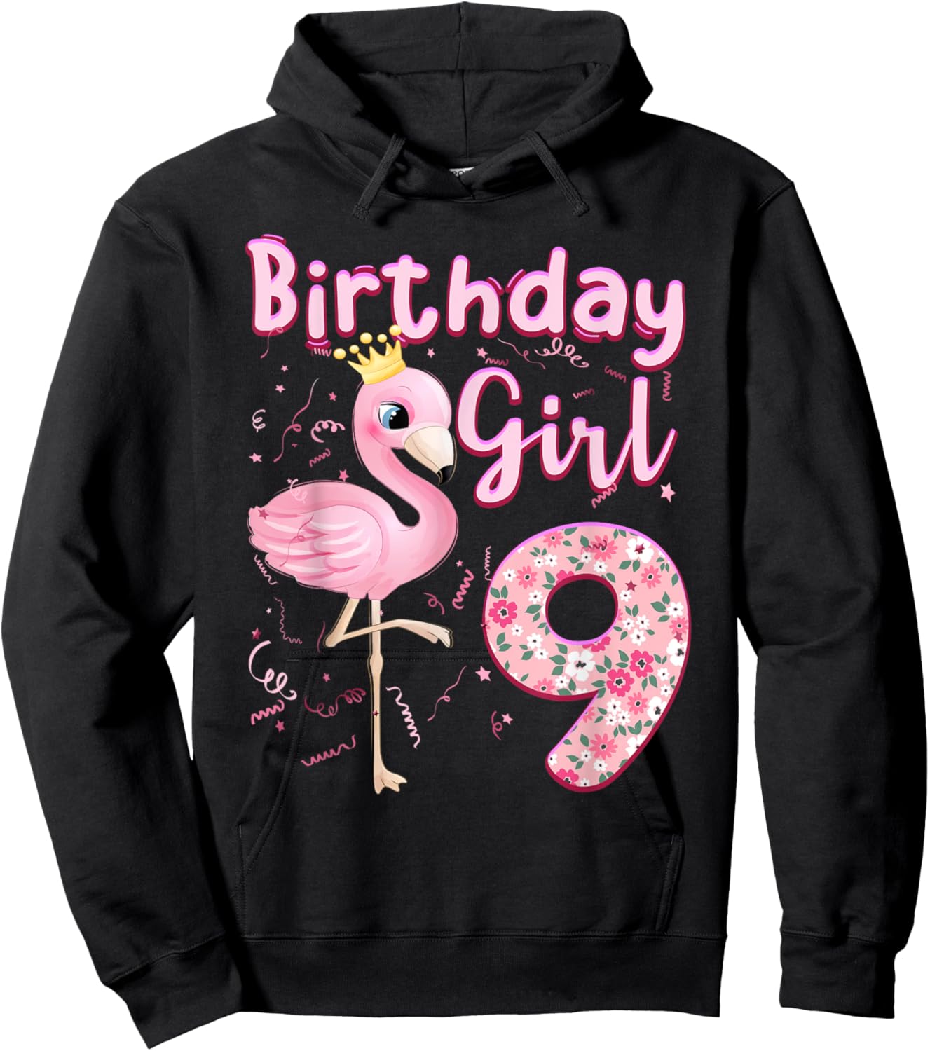9th Birthday Girls Flamingo 9 Years Old Tropical Flamingo Hoodie - Hoodie | Black