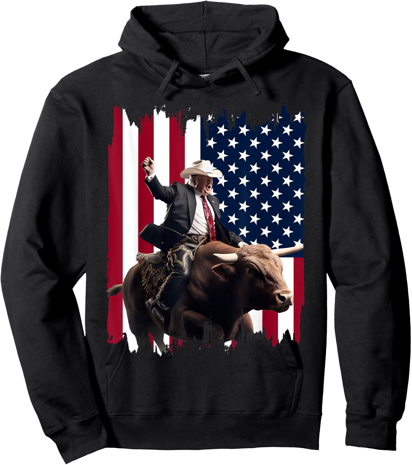 Trump Rodeo Bull Rider Patriotic American Flag 4Th Of July Hoodie - Hoodie | Black