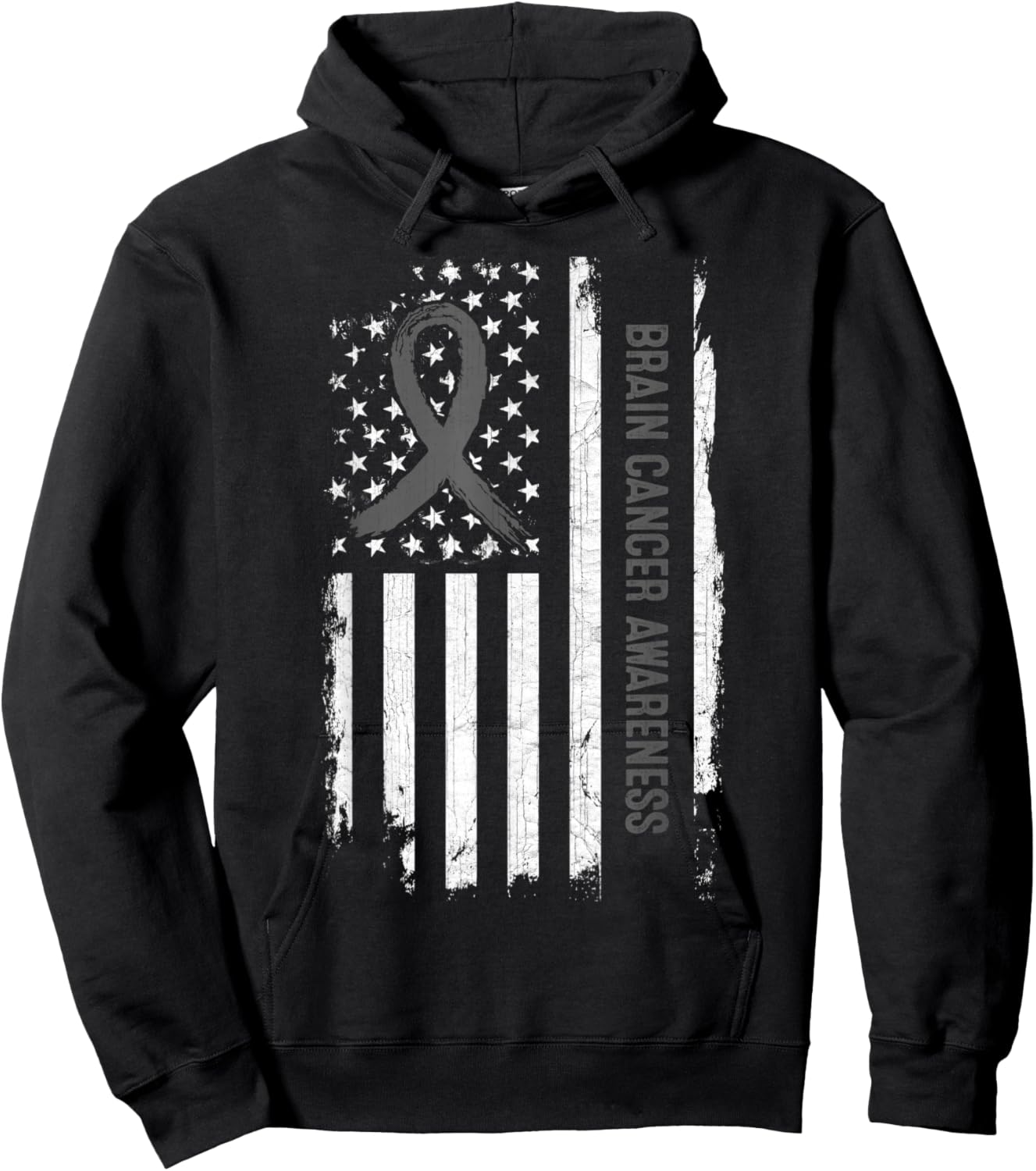 Brain Cancer Awareness American Flag - Gray Ribbon Hoodie - Hoodie | Black