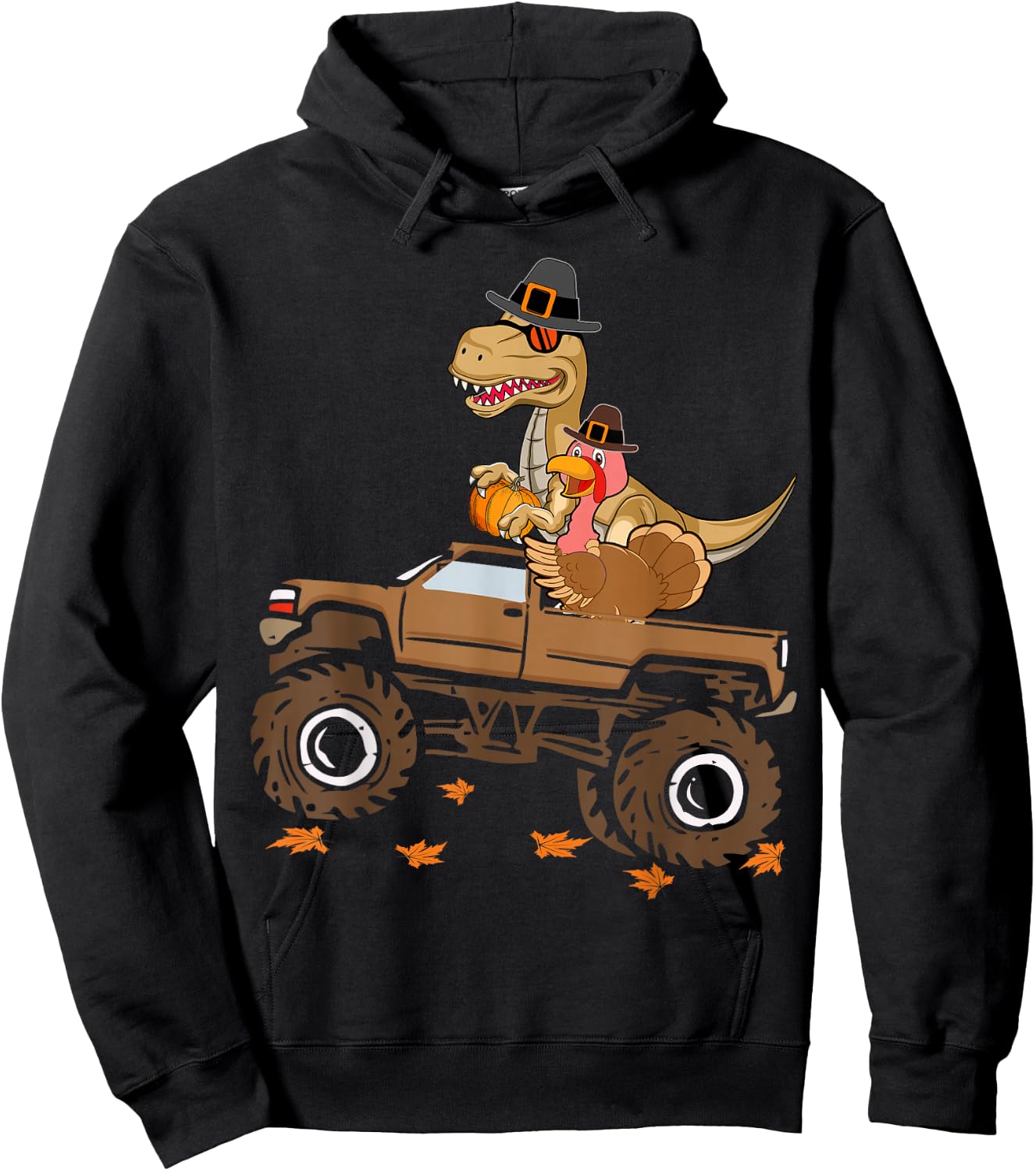 Happy Thanksgiving dinosaur Turkey Riding truck kids boys Hoodie - Hoodie | Black