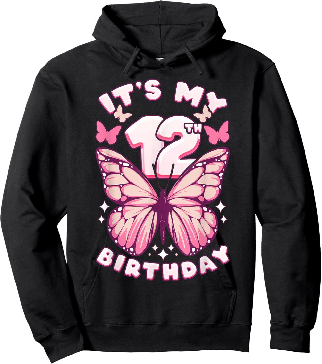 12th Birthday Girl 12 Years Old Butterflies Number 12 Hoodie - Hoodie | Black