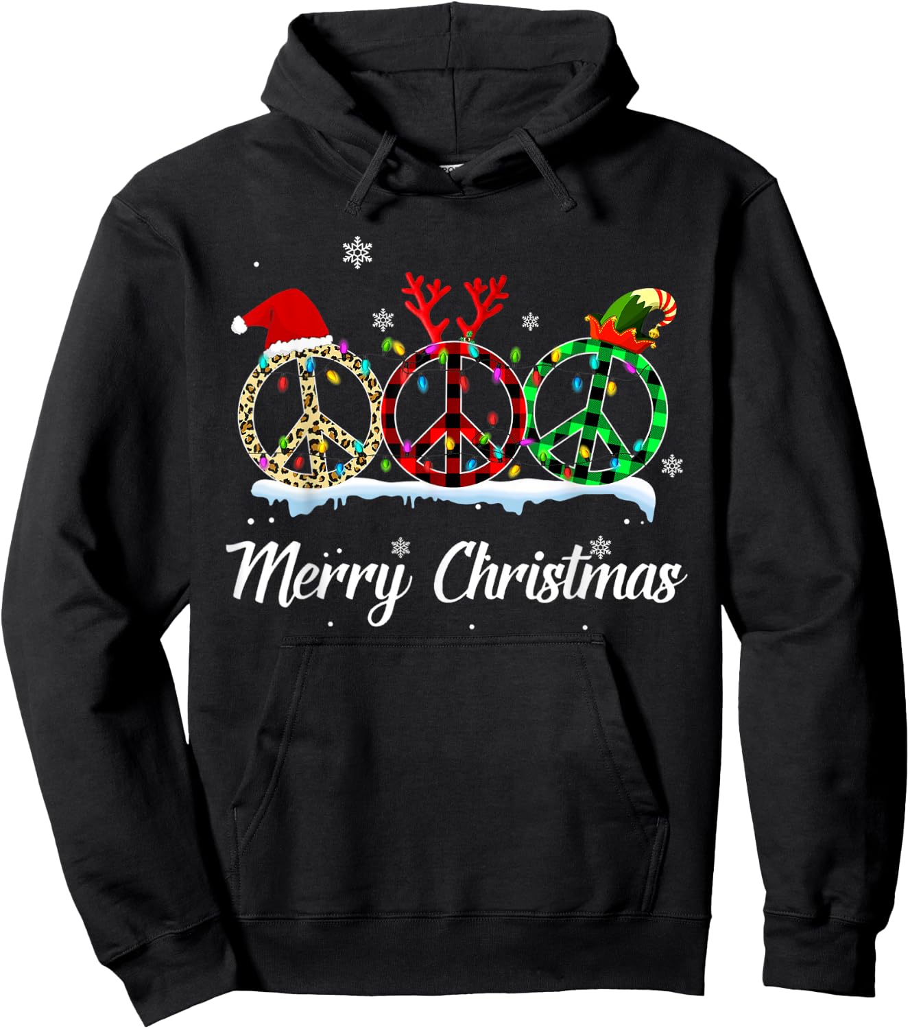 Hippie Peace Sign Santa Hat Reindeer Merry Christmas Hoodie - Hoodie | Black