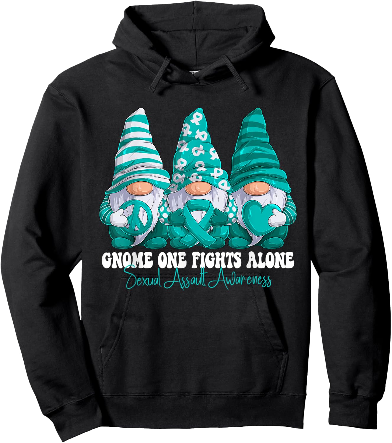 Sexual Assault Awareness Month Teal Ribbon Gnomies Support Hoodie - Hoodie | Black