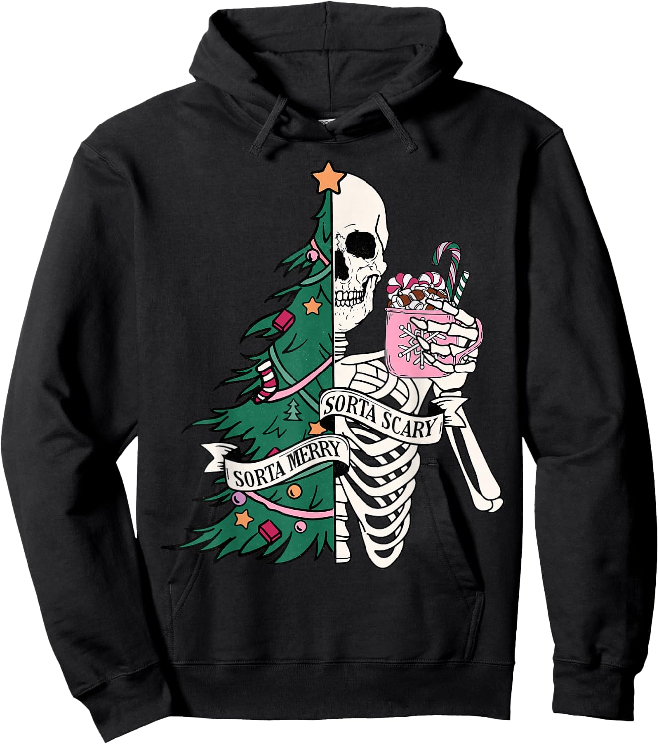 Funny Christmas Sorta Merry Sorta Scary Skeleton Xmas Tree Hoodie - Hoodie | Black