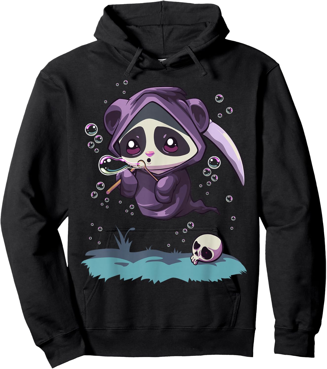 Pastel Goth Kawaii Panda Bear Reaper with Bubbles Hoodie - Hoodie | Black
