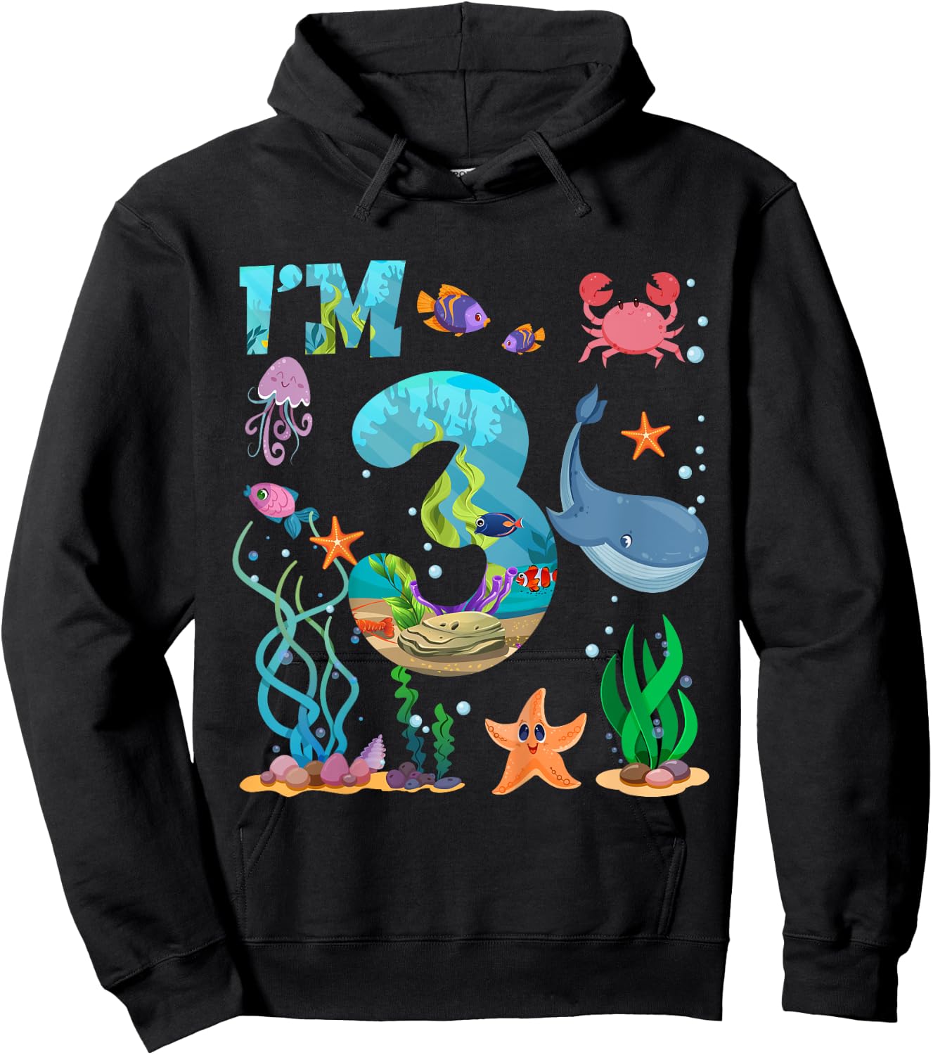 Kids 3 Year Old Boy Girl Sea Animals 3rd Birthday Kids Hoodie - Hoodie | Black