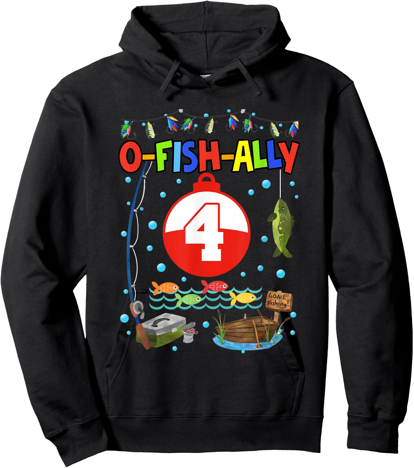 4 Year Old Fishing 4th Birthday Boy Bday Party Decorations Hoodie - Hoodie | Black