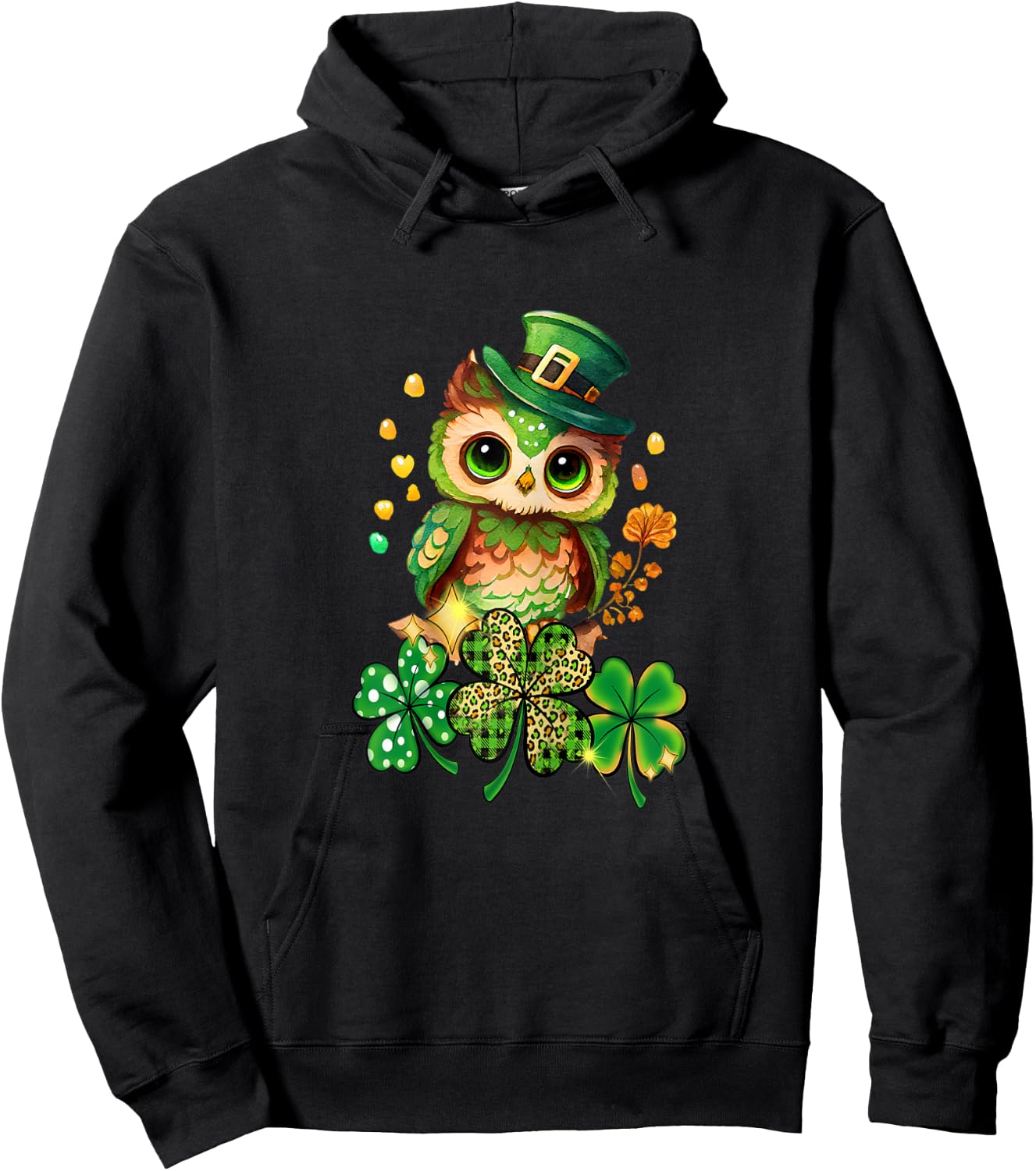 Chibi Owl Adorable St Patrick's Day Bird Lover Cute Clover Hoodie - Hoodie | Black