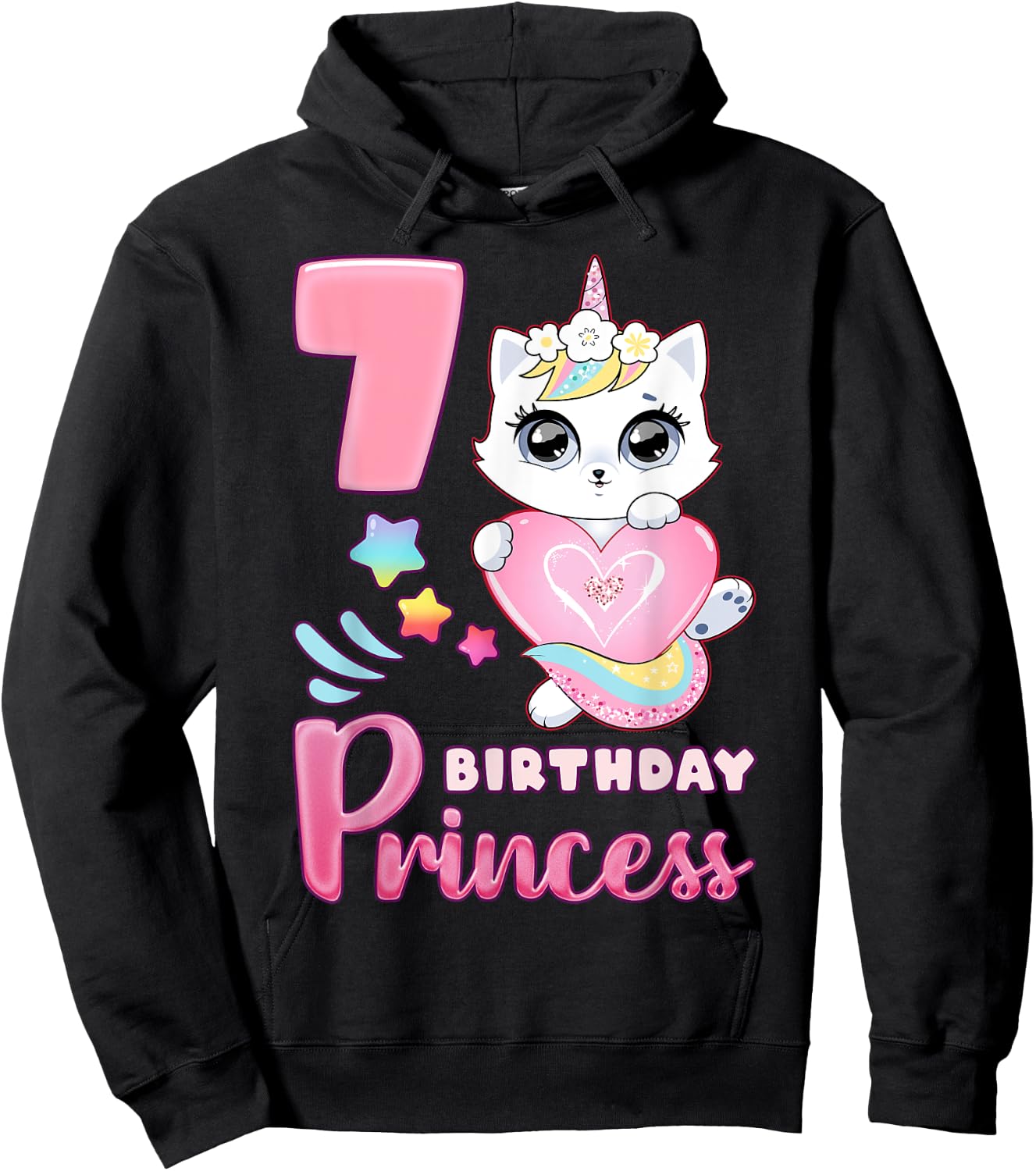 Girl, 7th birthday, unicorn cat, number 7 Hoodie - Hoodie | Black
