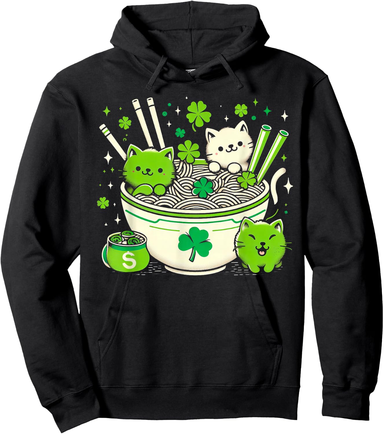 Irish Ramen Cats Cute Anime St Patrick's Day Women Girls Hoodie - Hoodie | Black