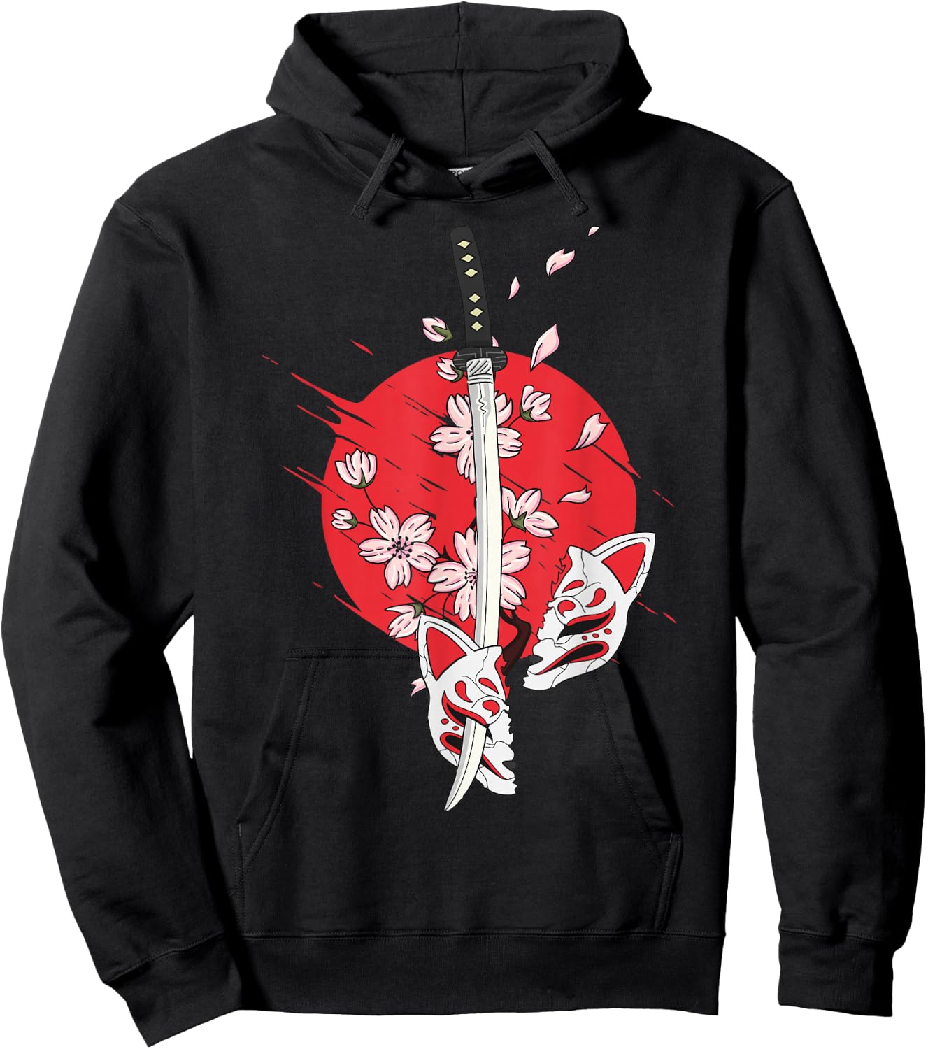 Kitsune Mask Nine-Tailed Cherry Blossom Flowers Katana Hoodie - Hoodie | Black